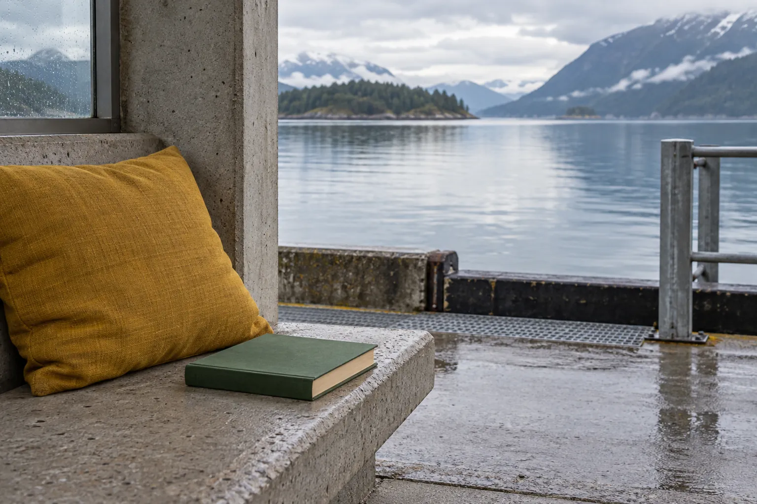 Illustration: A plain green book and mustard cushion rest on a sheltered concrete seat overlooking still water at an anonymous ferry landing.