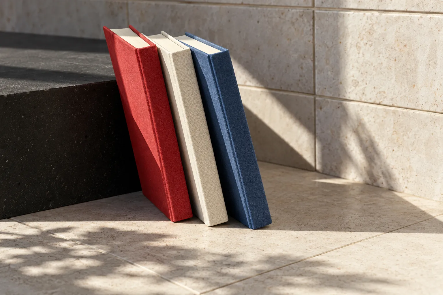 Illustration: Slim plain red, cream and blue books lean on a low black display block against pale tiles, with hard afternoon shadows and a close oblique view.