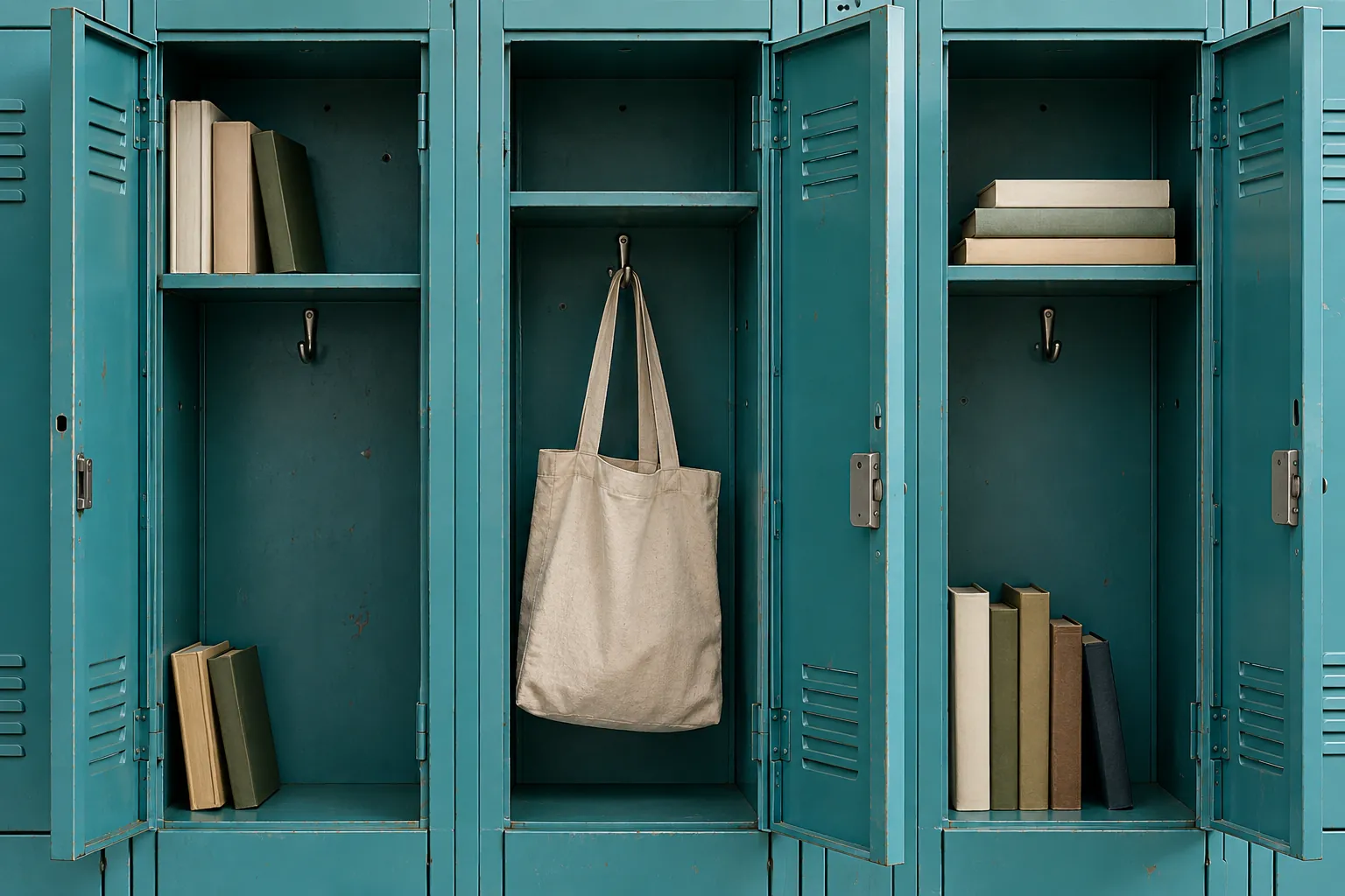 Illustration: Open unnumbered turquoise metal lockers hold small collections of plain books, with a canvas tote hanging from one hook, framed frontally.
