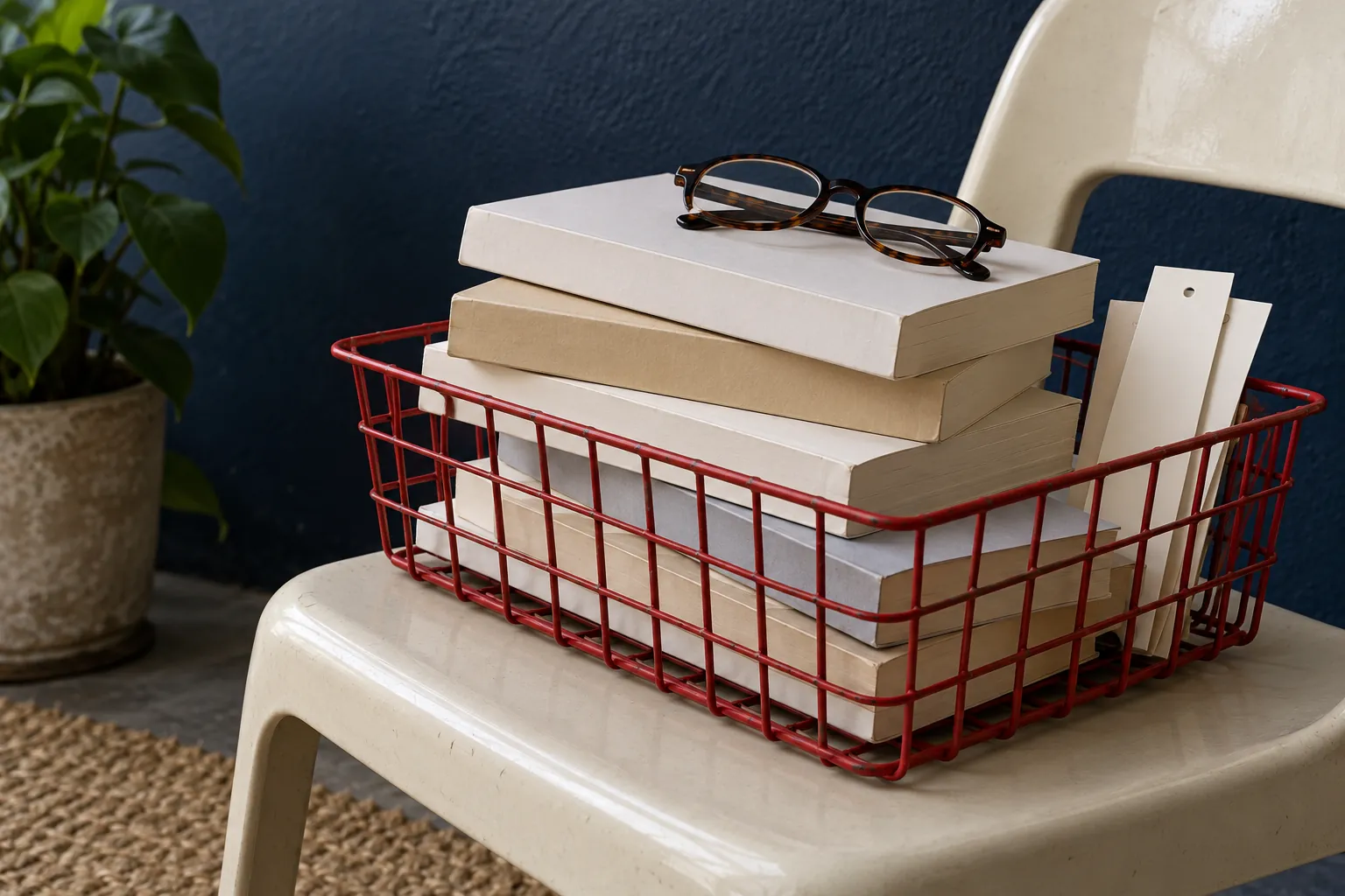 Illustration: Paperbacks, folded reading glasses and blank bookmarks fill a red wire basket on a plastic chair against a navy wall, at a low side angle.