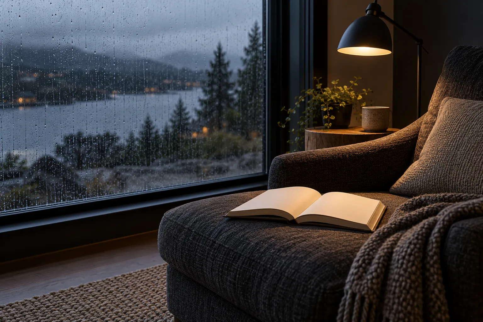 Illustration: An open book with blank pages rests on a charcoal lounge chair beside a focused reading lamp and a rain-darkened window, shown wide.
