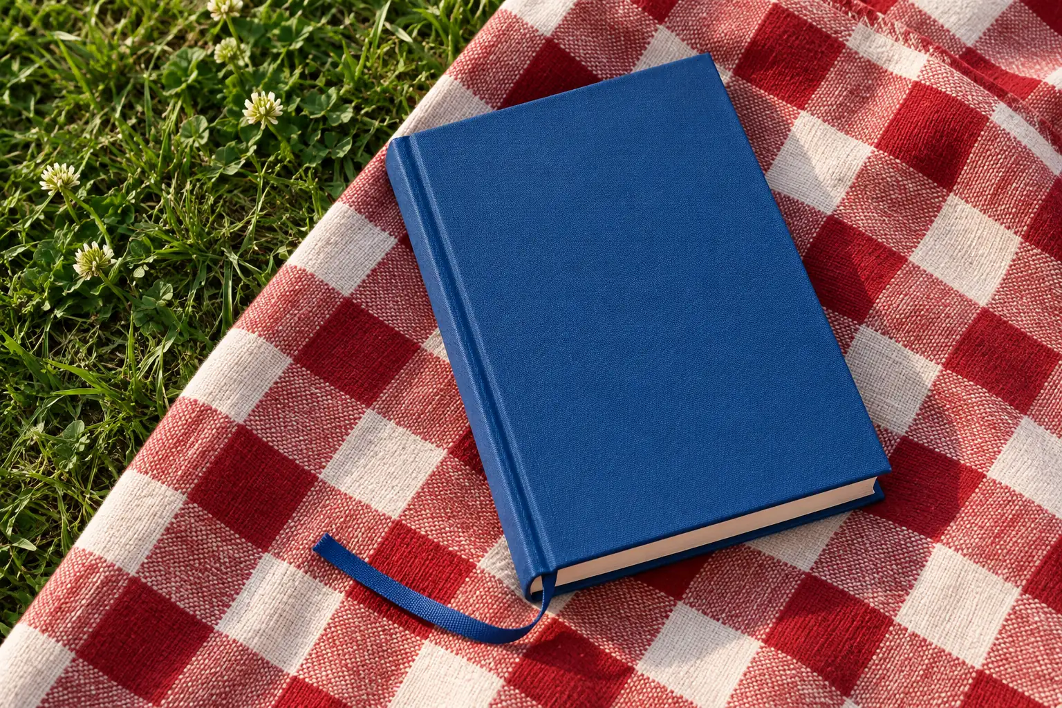 Illustration: A blue hardback and loose fabric bookmark lie on red checked cloth on short grass, with no meal props, photographed from overhead.
