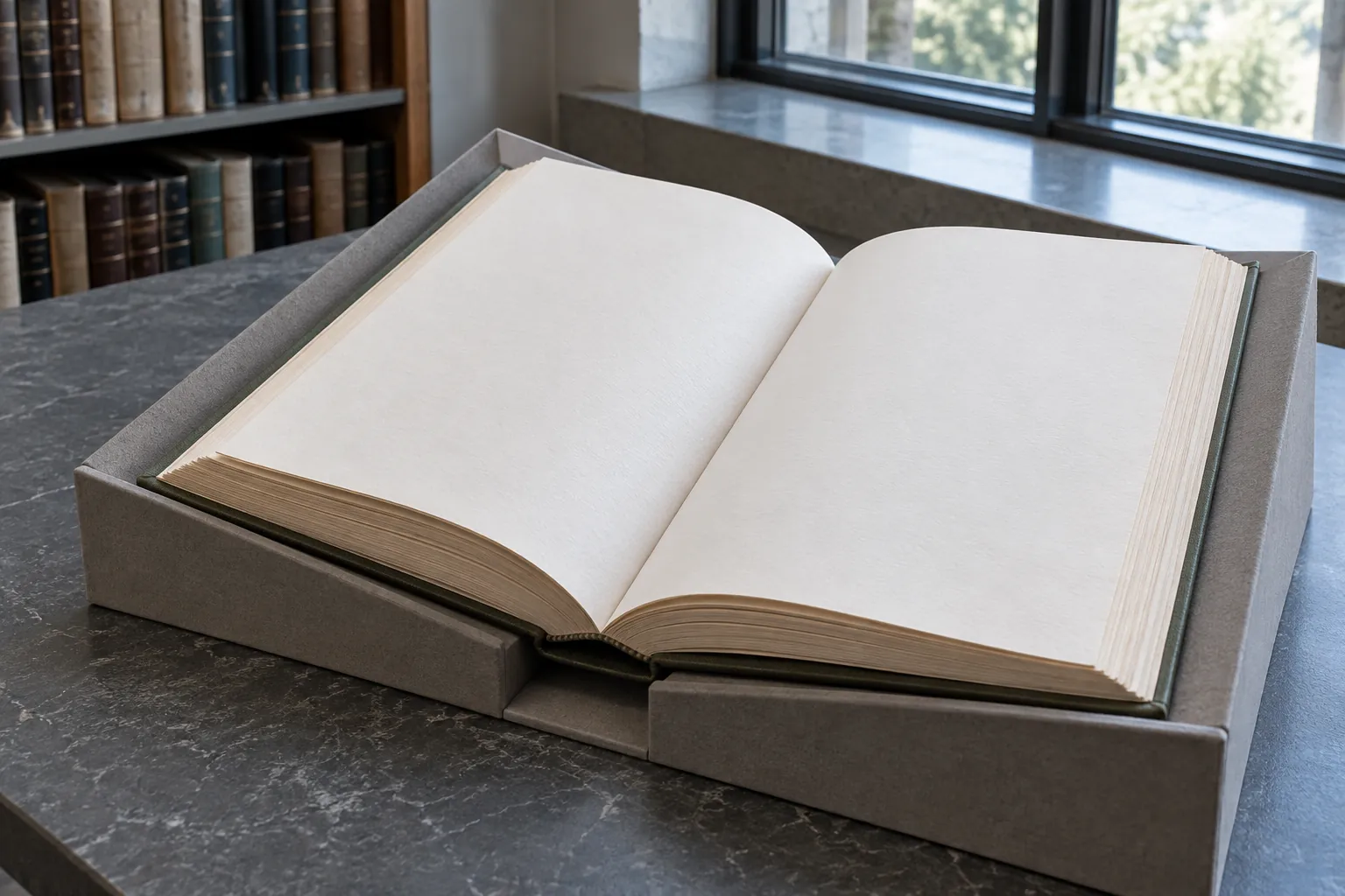 Illustration: A large blank-page book rests in an archival cardboard cradle on a slate library counter, seen close from one corner in cool skylight.