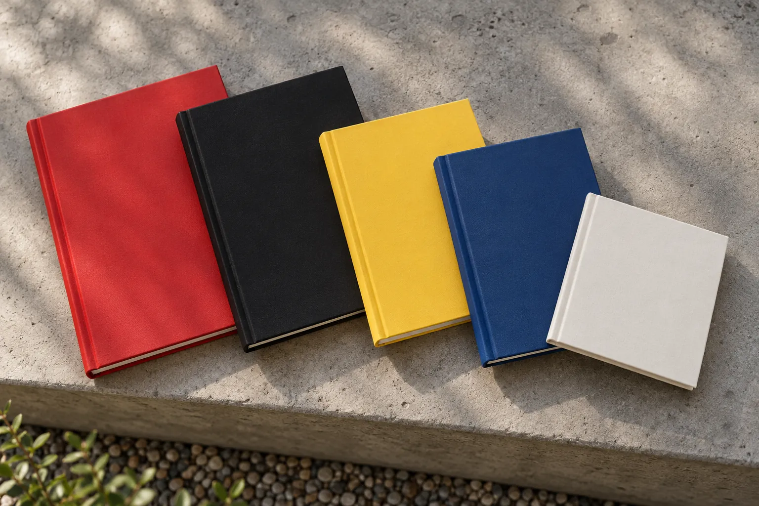 Illustration: Five plain books of different formats fan across a smooth concrete ledge, red, black, yellow and blue covers visible in a graphic overhead view.