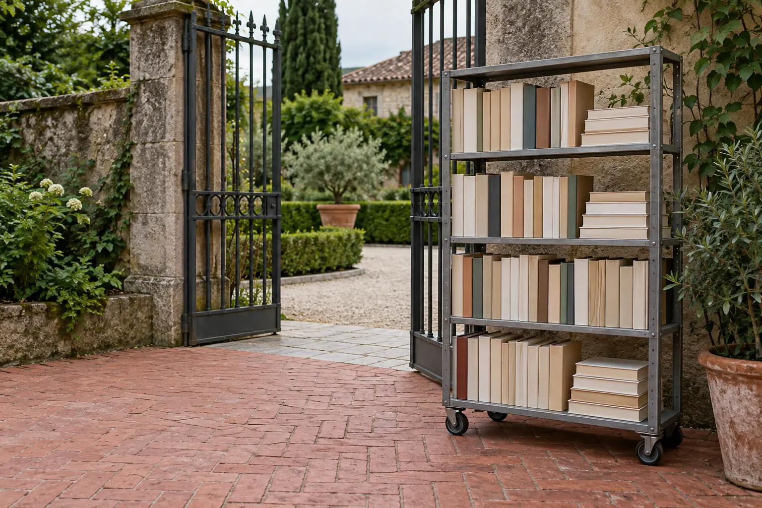 Illustration: A mobile metal rack of plain books stands beside a courtyard gate over red paving, shown in bright overcast light with generous environmental context.