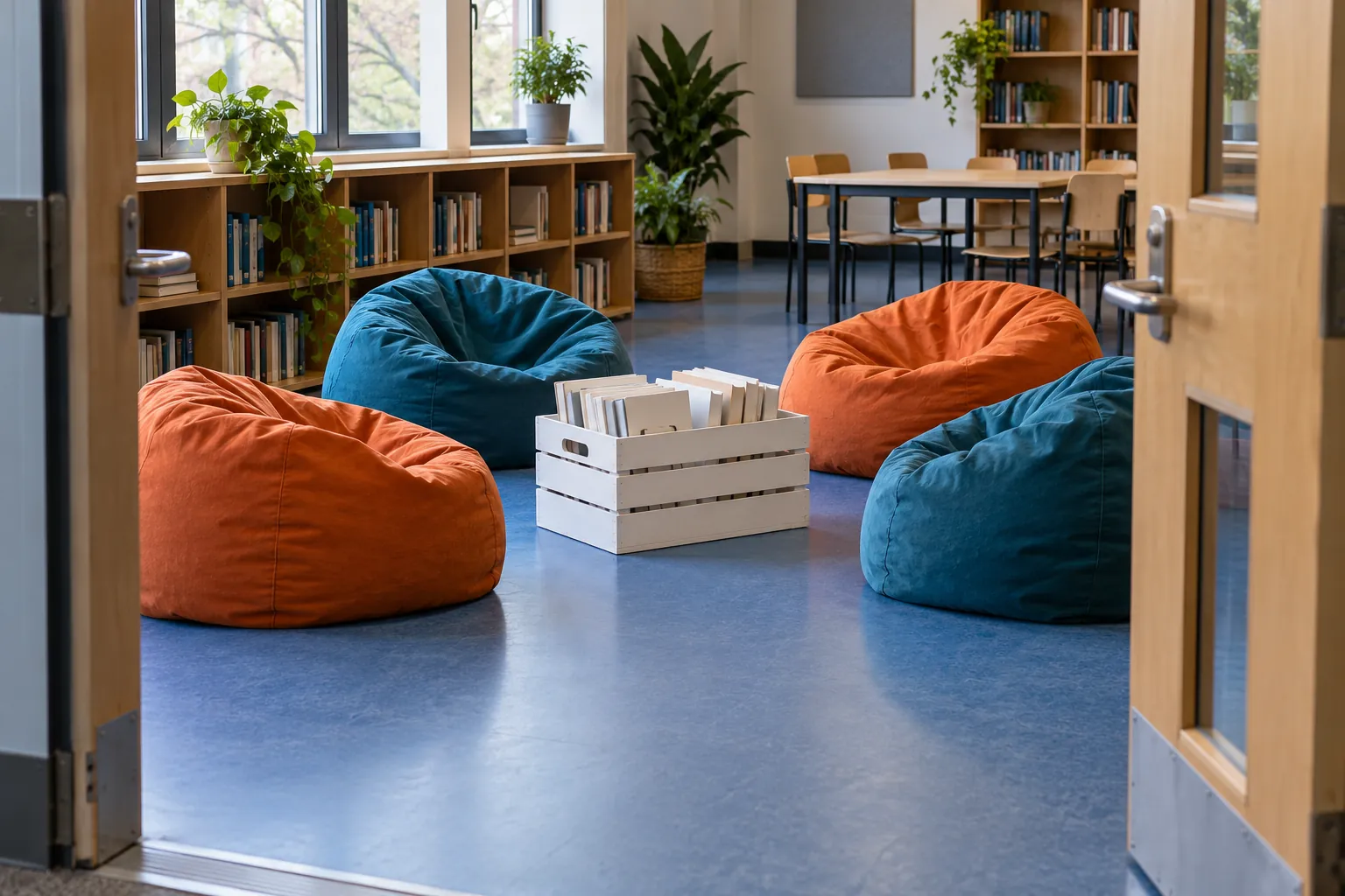Illustration: Orange and teal beanbags surround a white crate of books on blue linoleum, viewed wide through an open community room doorway.