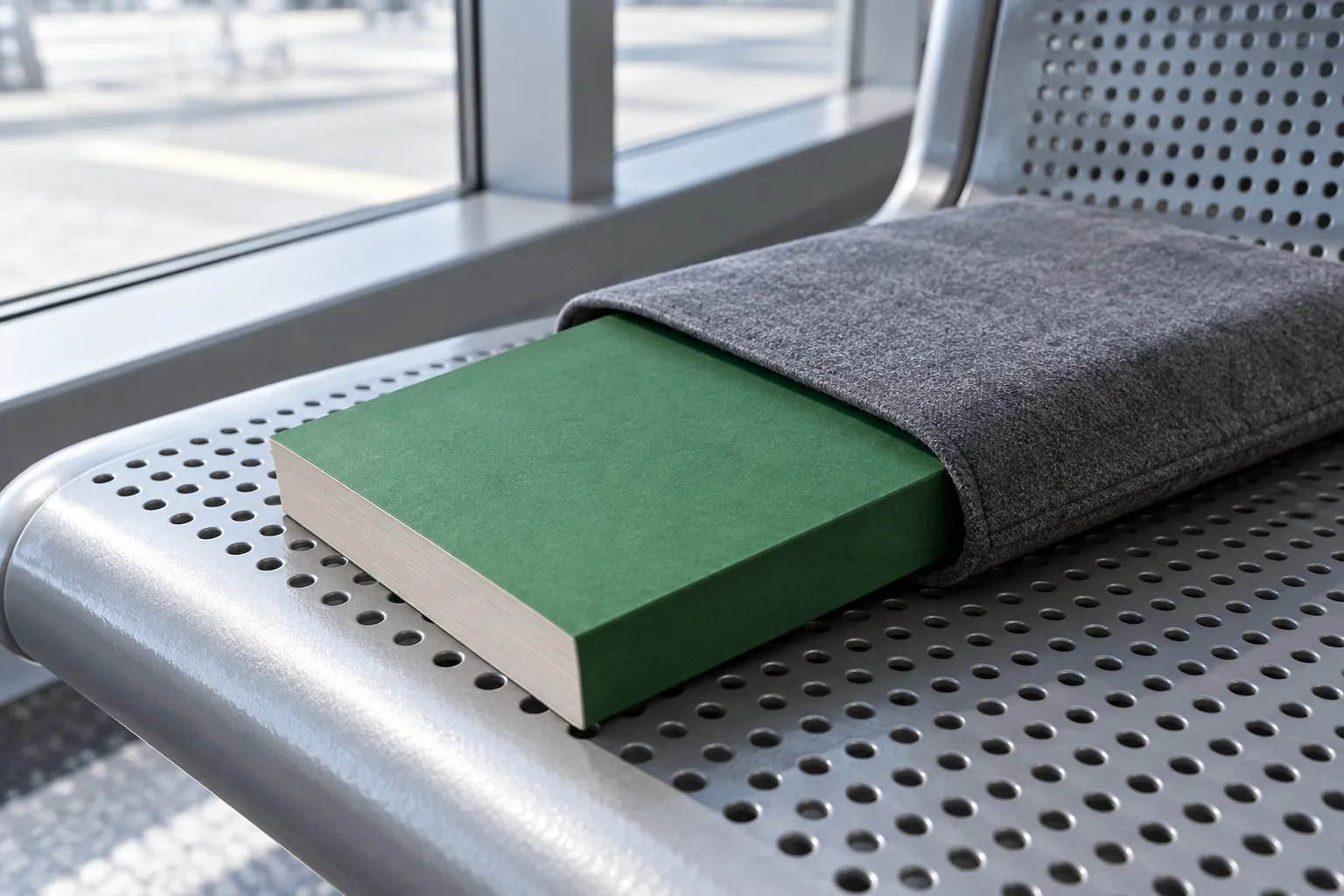 Illustration: A green paperback partly inside a gray protective sleeve rests on perforated metal seating beside a cool bright window, photographed low and close.