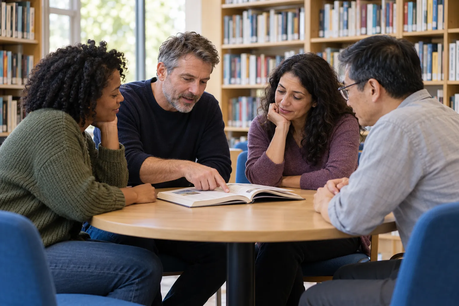 Illustration: Four adults aged 30 to 65 discuss an open book around a small library table, one referring to a page while the others listen.
