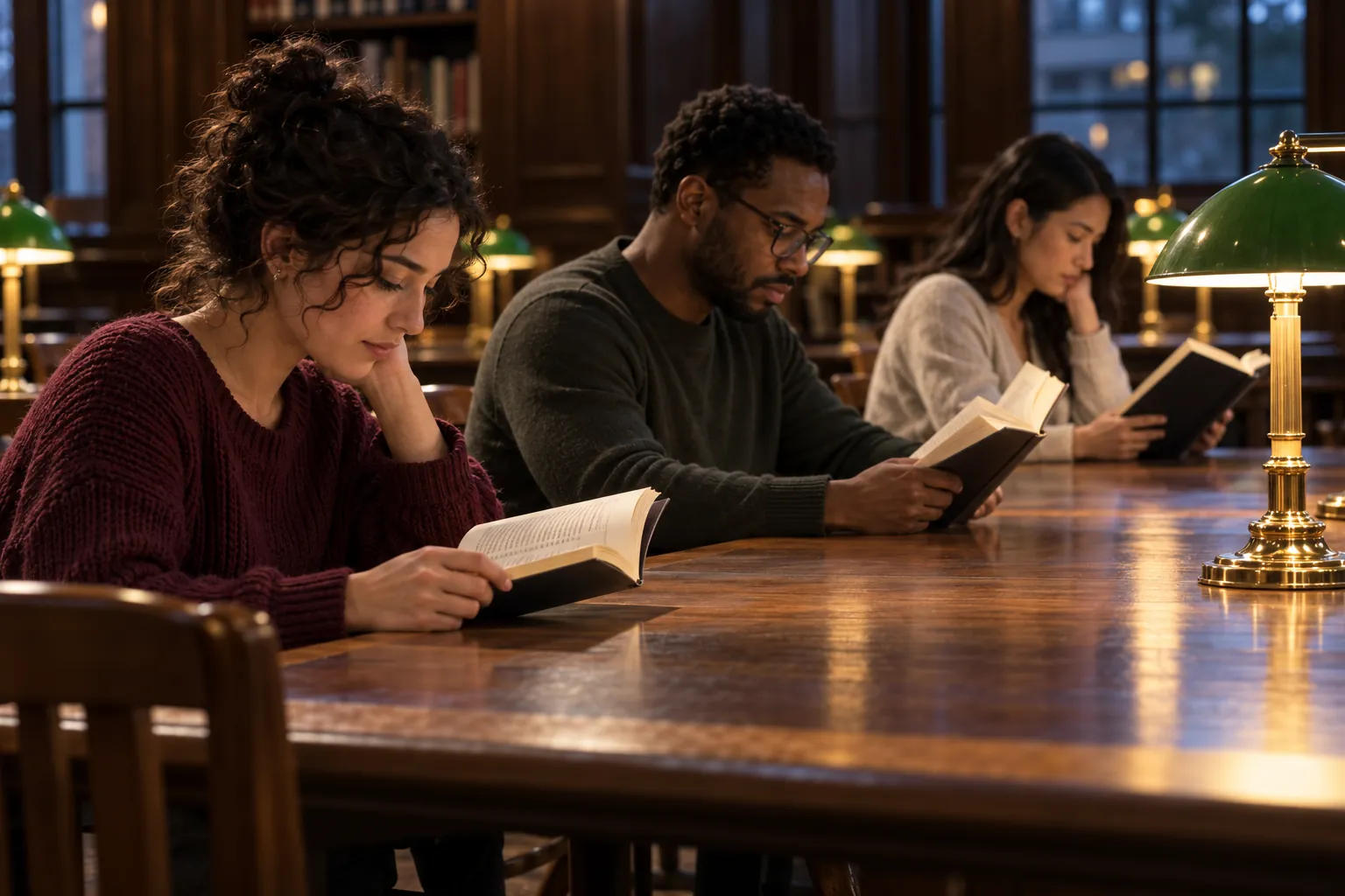 Illustration: Three adults read different plain-covered books at a long communal table without talking.