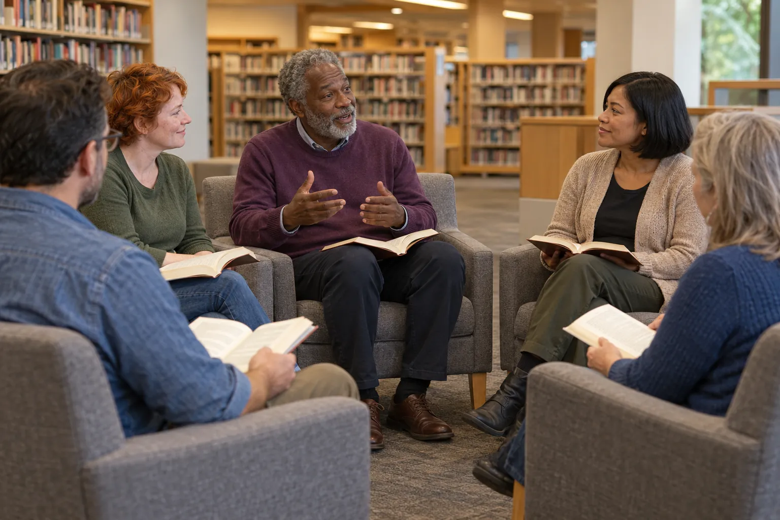 Illustration: Five adult readers sit in a loose circle in a library alcove with gray upholstered chairs.