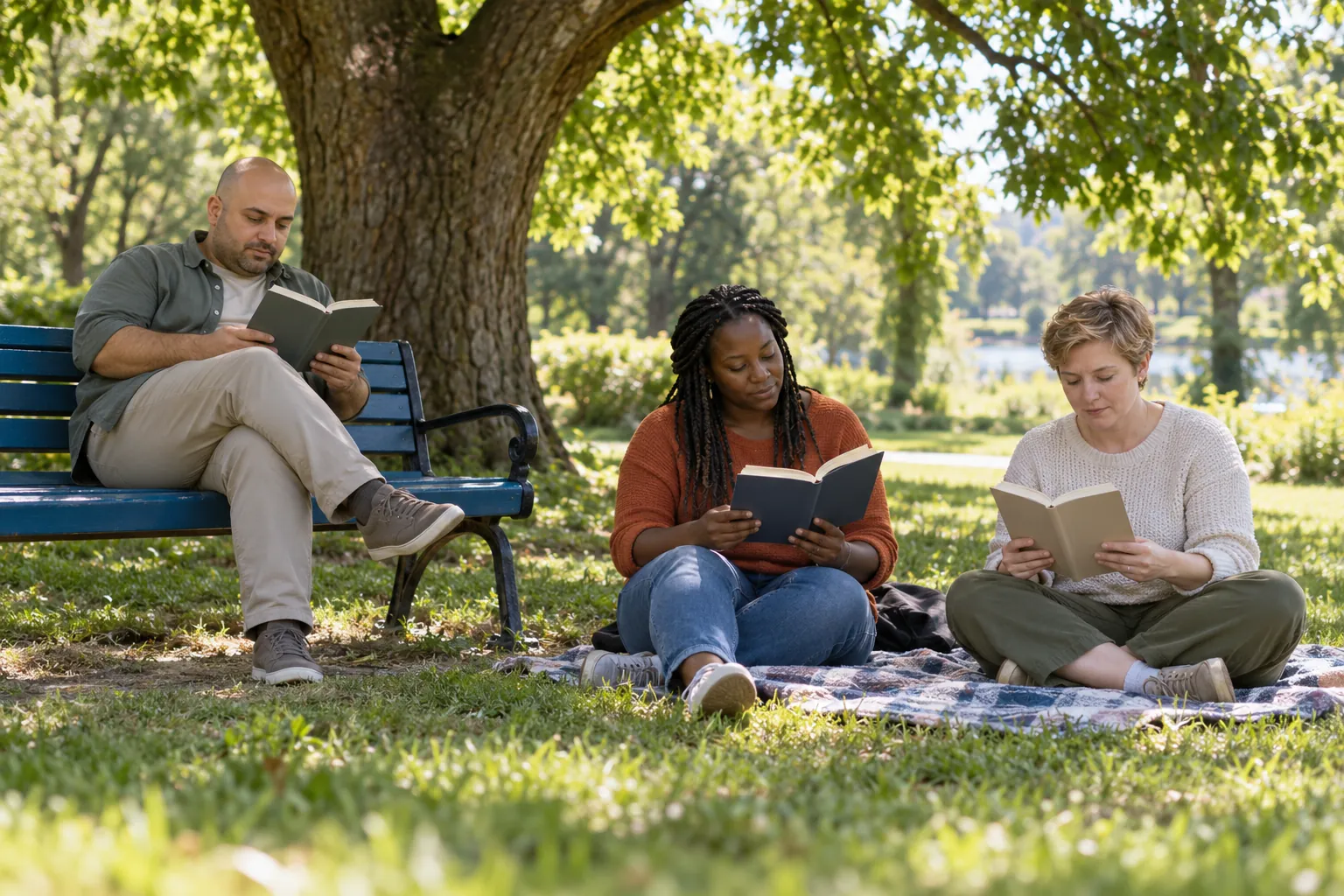 Illustration: Three adults read quietly beneath a broad tree, one on a blue park bench and two on a nearby picnic blanket.