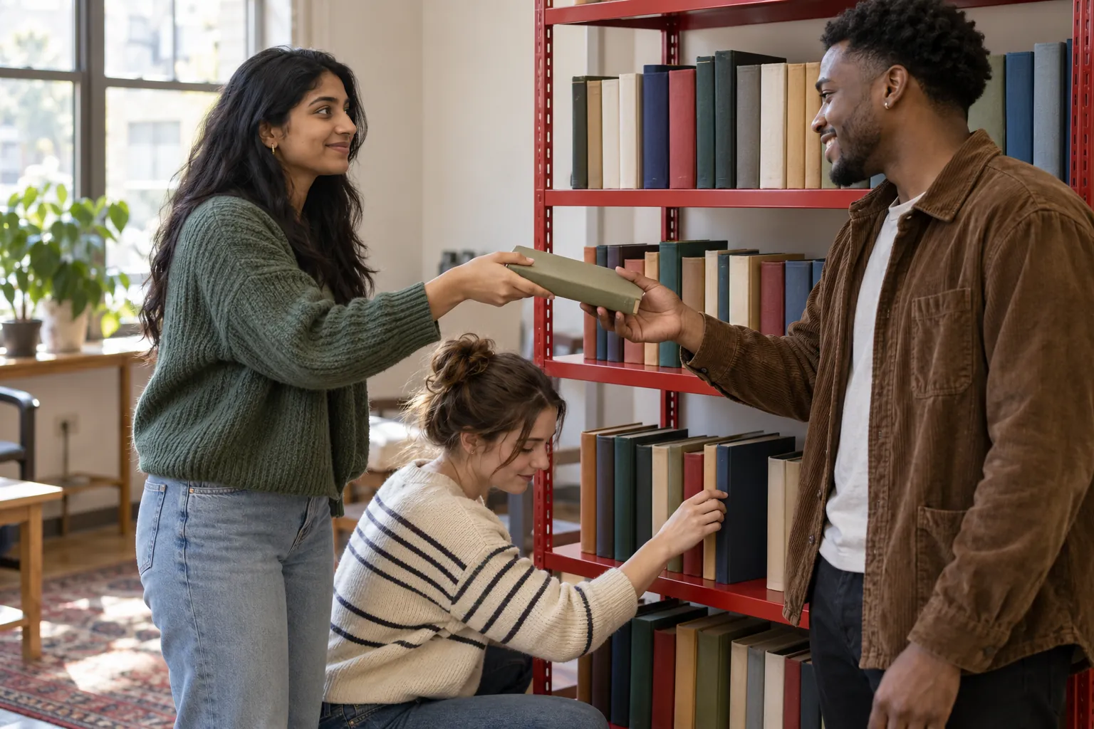 Illustration: Three young adults in their 20s exchange books beside a red metal shelf.