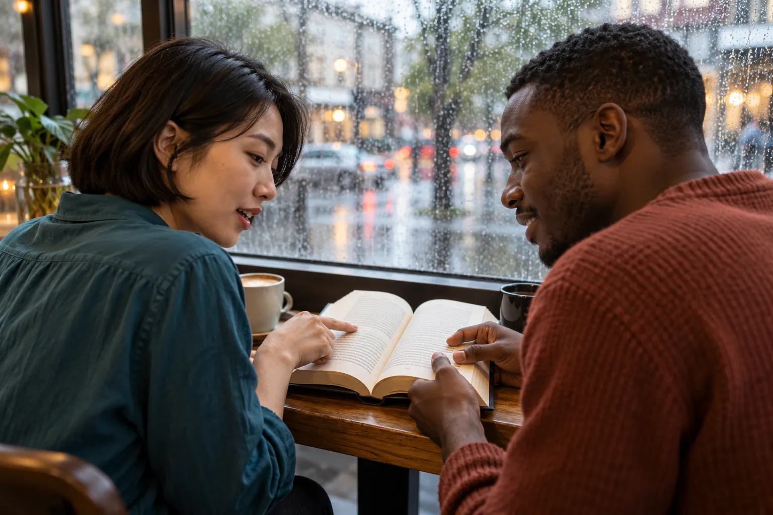 Illustration: Two young adults in their 20s compare an open book at a café ledge on a rainy day.