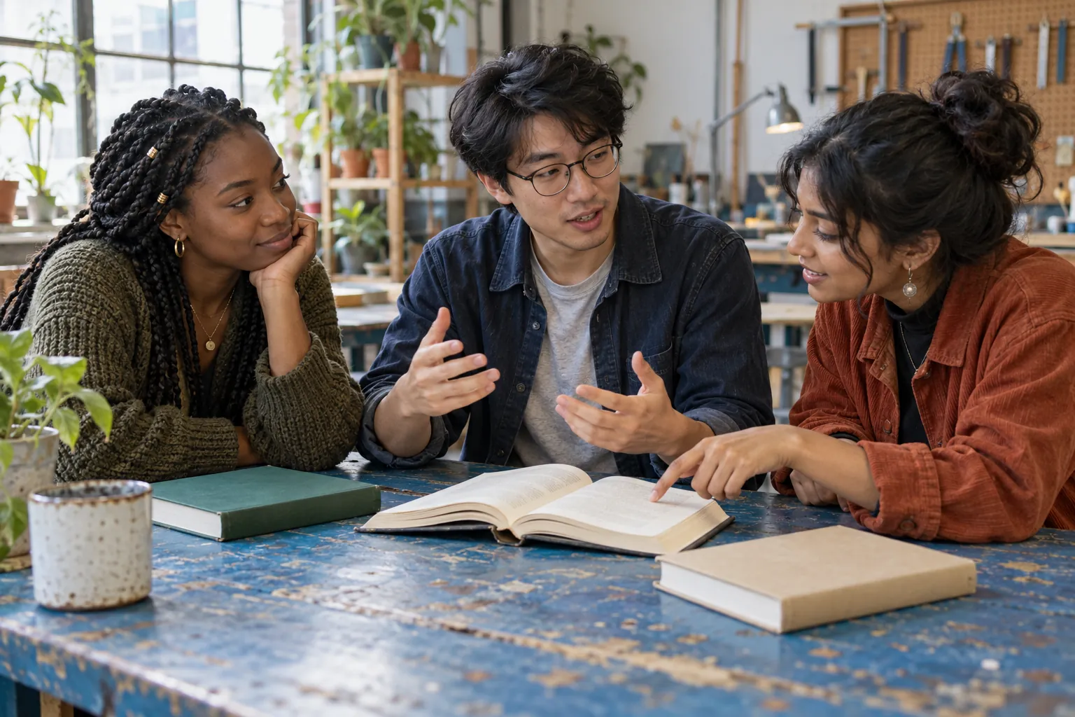 Illustration: Three young adults discuss books around a worn blue workbench.