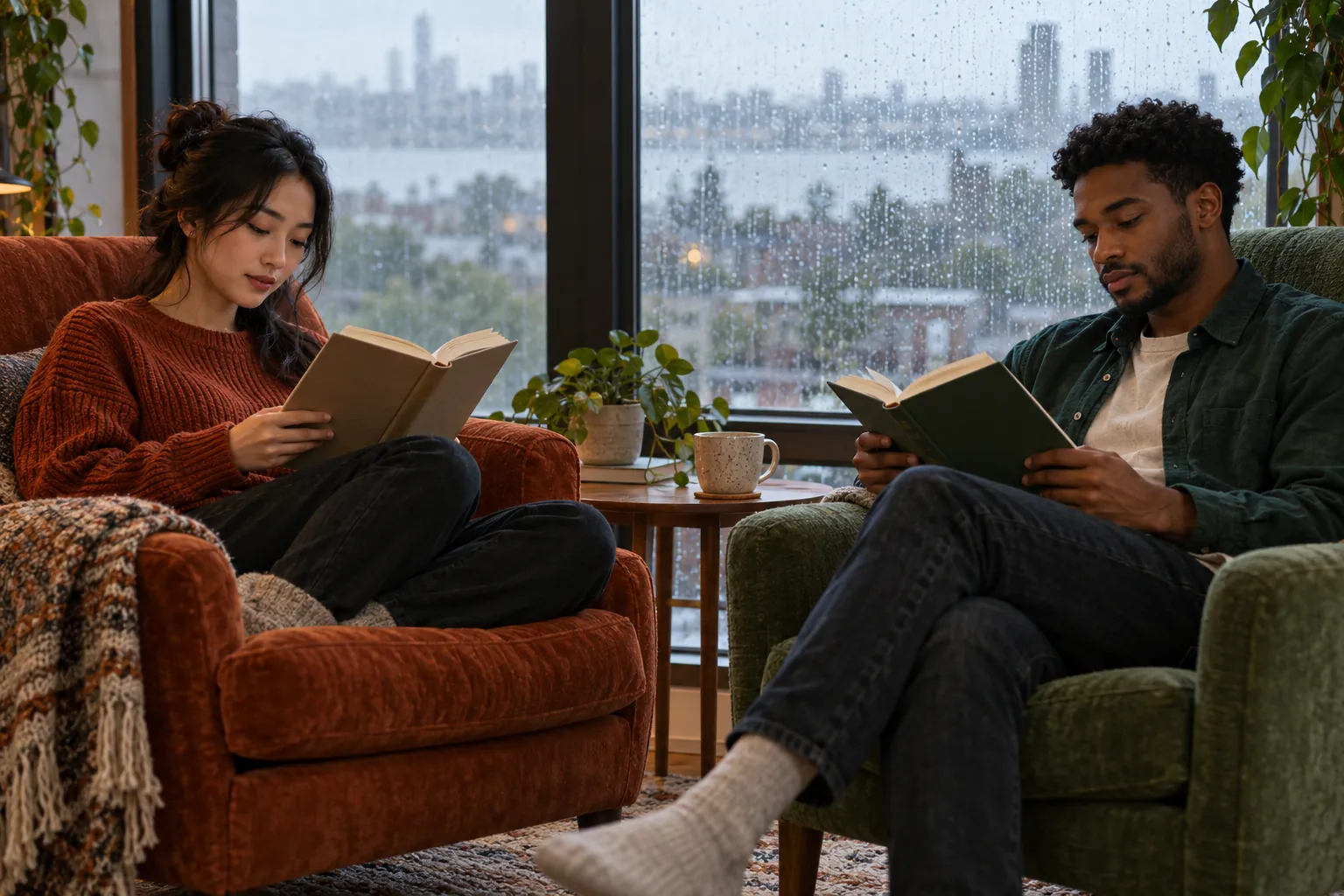 Illustration: Two young adults read quietly in armchairs by a rain-streaked window.