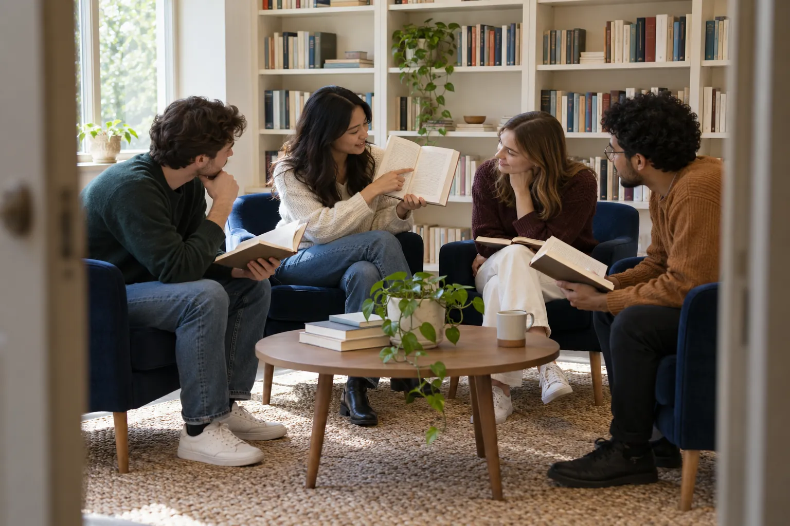 Illustration: Four young adults share books in a bright reading nook.