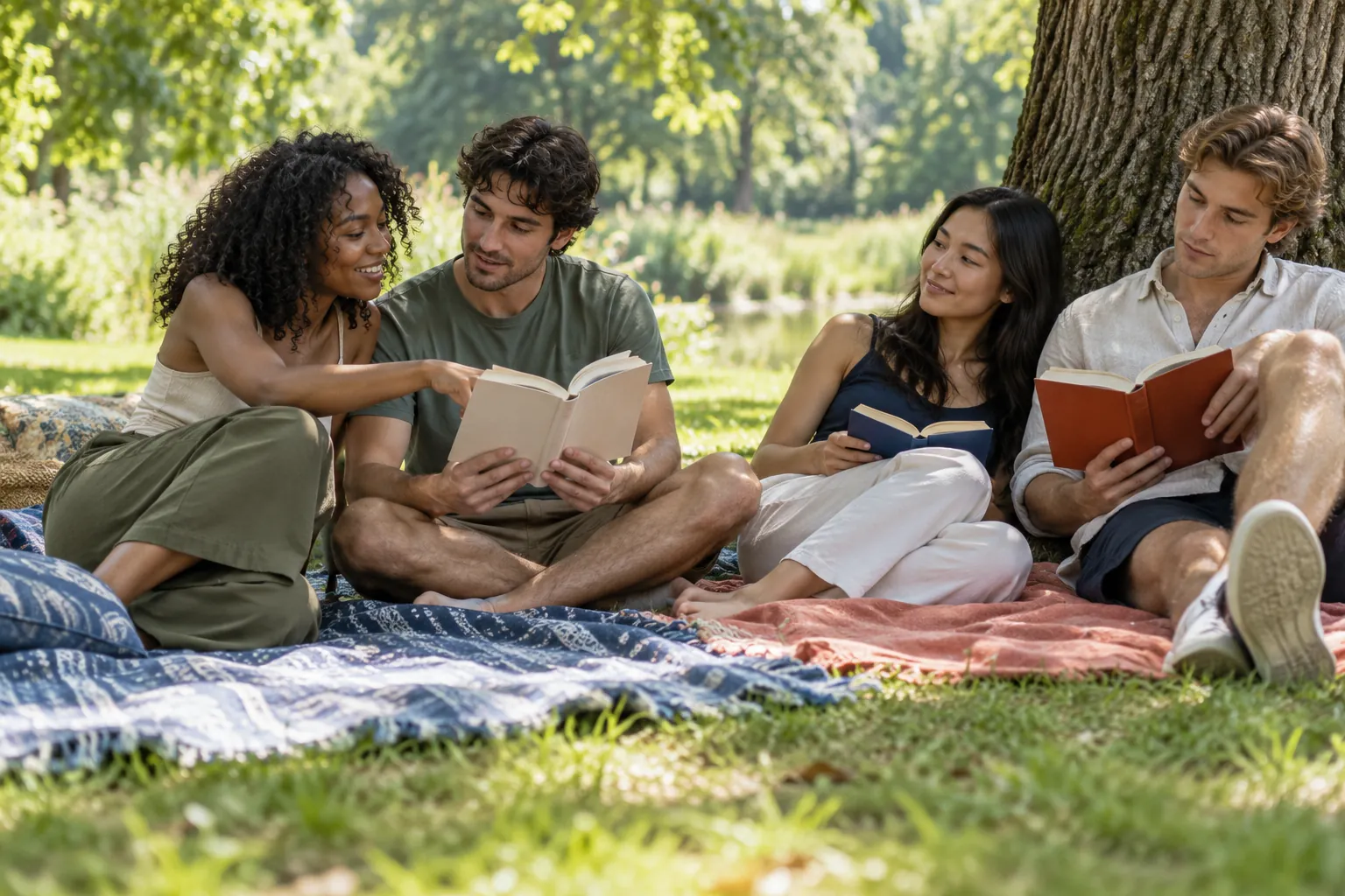 Illustration: Four young adults read together on picnic blankets in a shaded lawn.