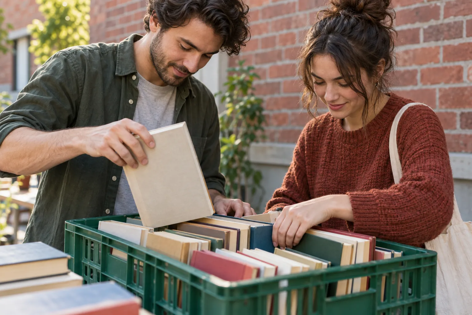 Illustration: Two young adults sort plain-covered books in a green exchange crate.