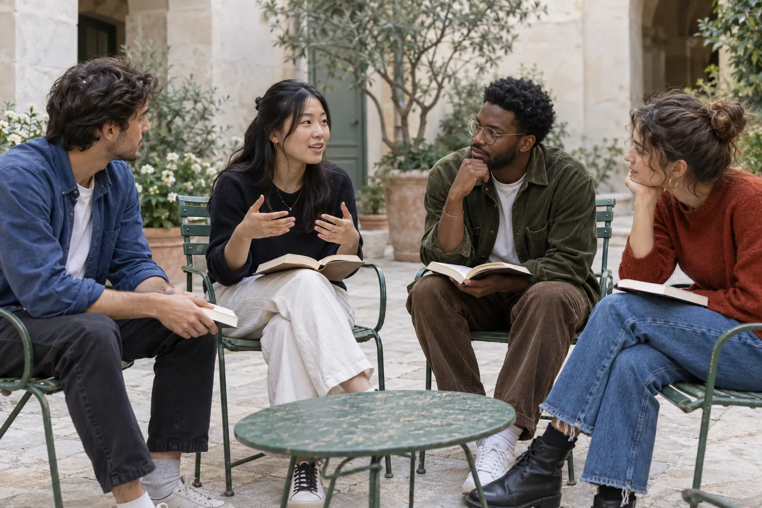 Illustration: Four young adults discuss a book in a stone courtyard.