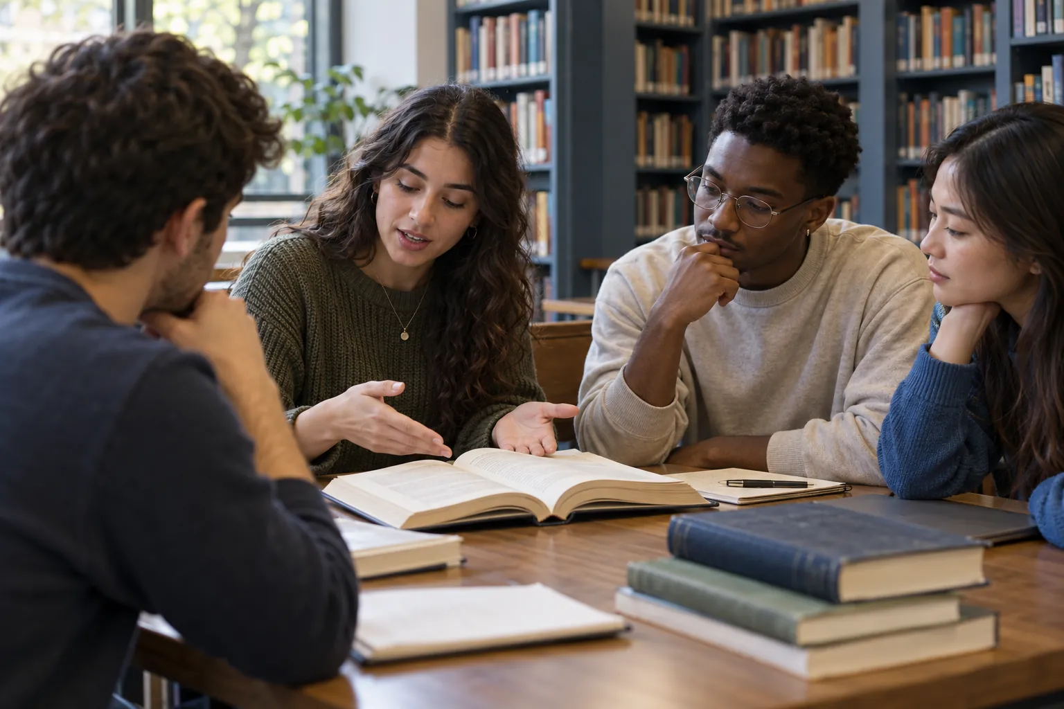 Illustration: A young adult woman explains a book passage to three young adult listeners at a library table.