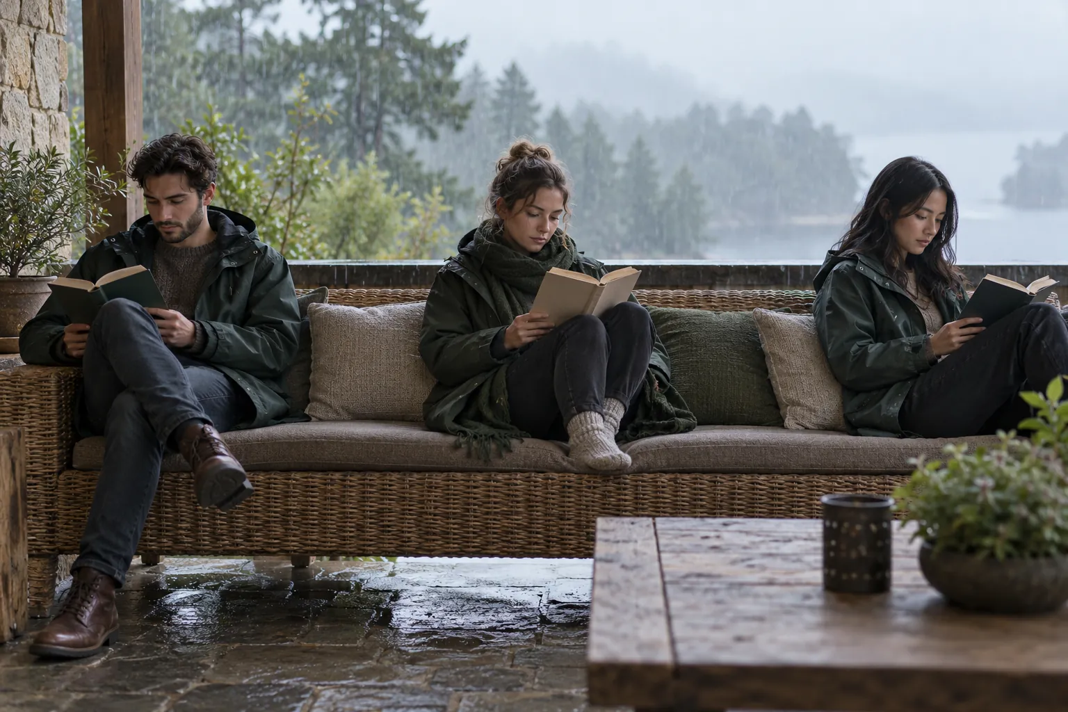 Illustration: Three young adults read quietly on a covered terrace during light rain.