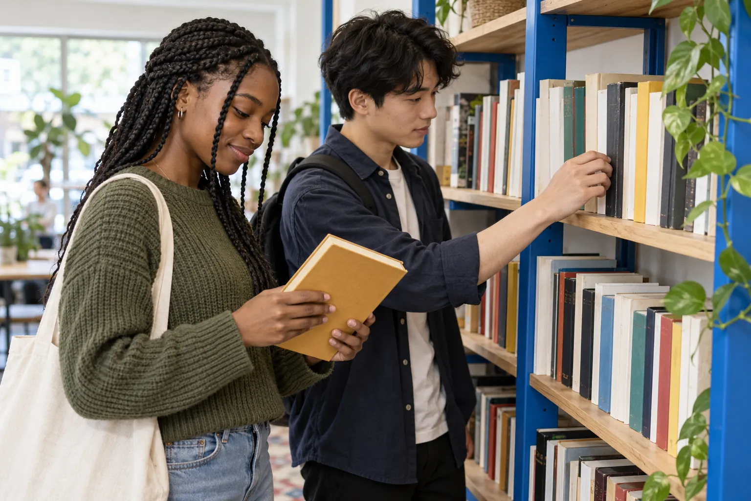 Illustration: A young adult woman holds a book while a young adult man browses a community book-swap shelf.