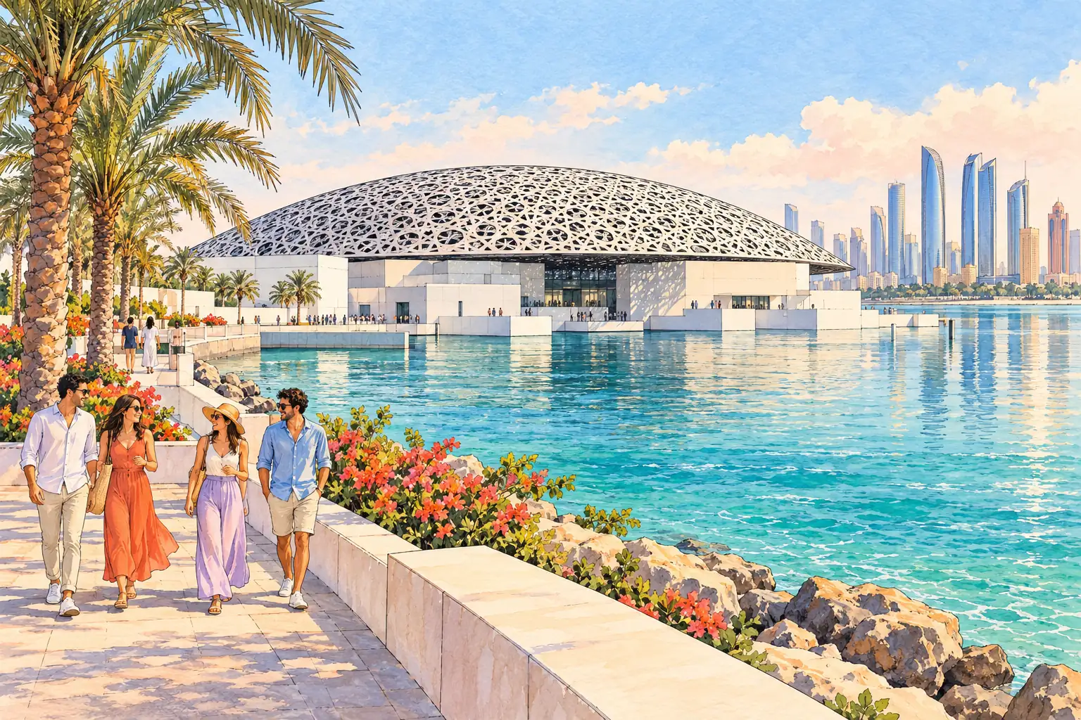 A hand-drawn view of Louvre Abu Dhabi beside the waterfront, with young adults strolling along the shore.