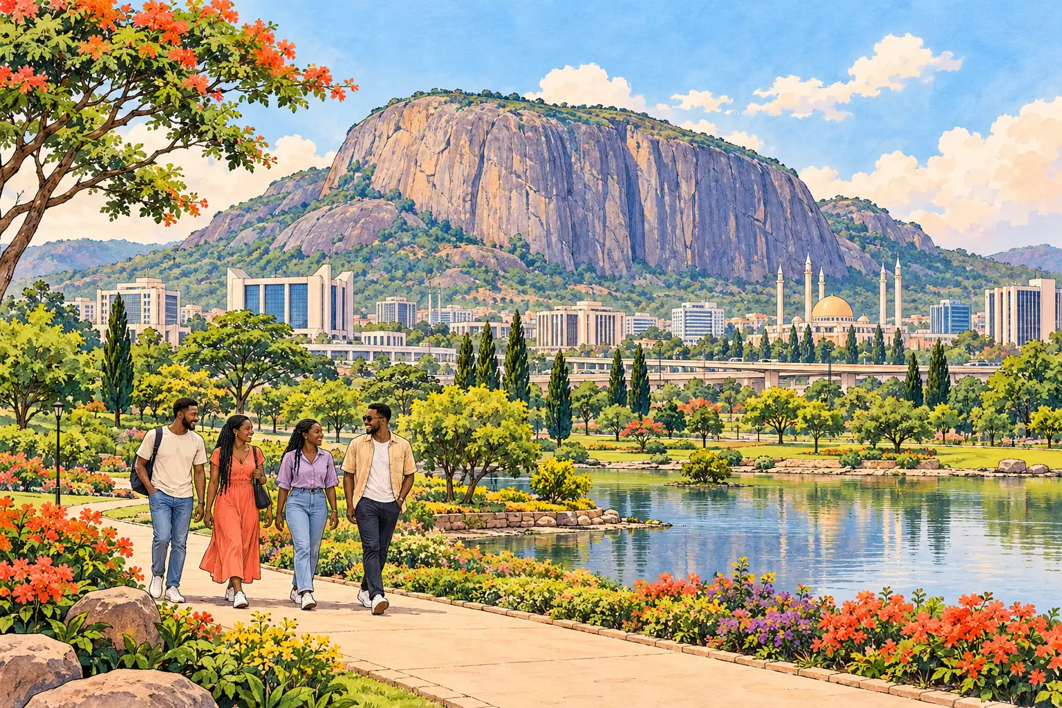 A hand-drawn view of Abuja beneath Aso Rock, with young adults walking through a green city park.
