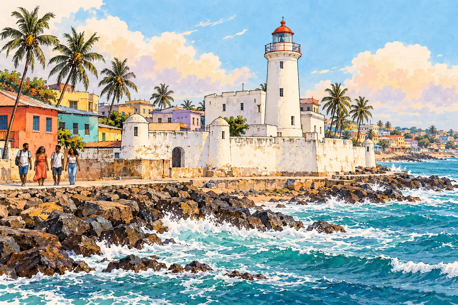 A hand-drawn Accra coast with Jamestown lighthouse, low-rise buildings and palms.
