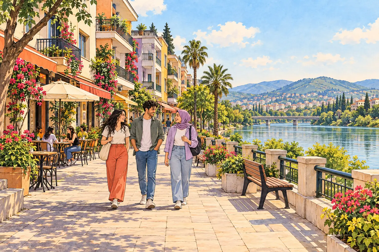 A hand-drawn view of Adana, with local streets, greenery and young adults together.