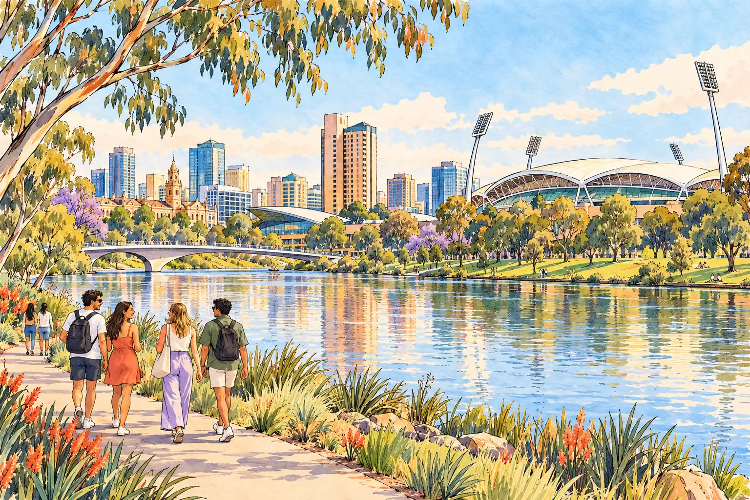 A hand-drawn view of Adelaide Oval beside the River Torrens, with parklands, skyline and young adults walking by the water.