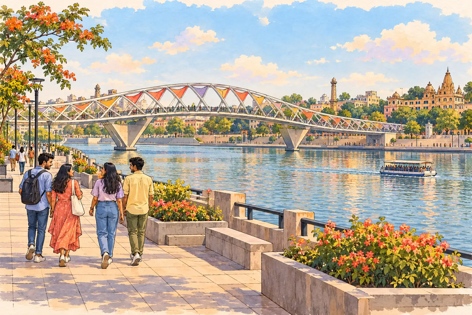 A hand-drawn Ahmedabad riverfront with Atal Bridge and young adults walking beside the Sabarmati.