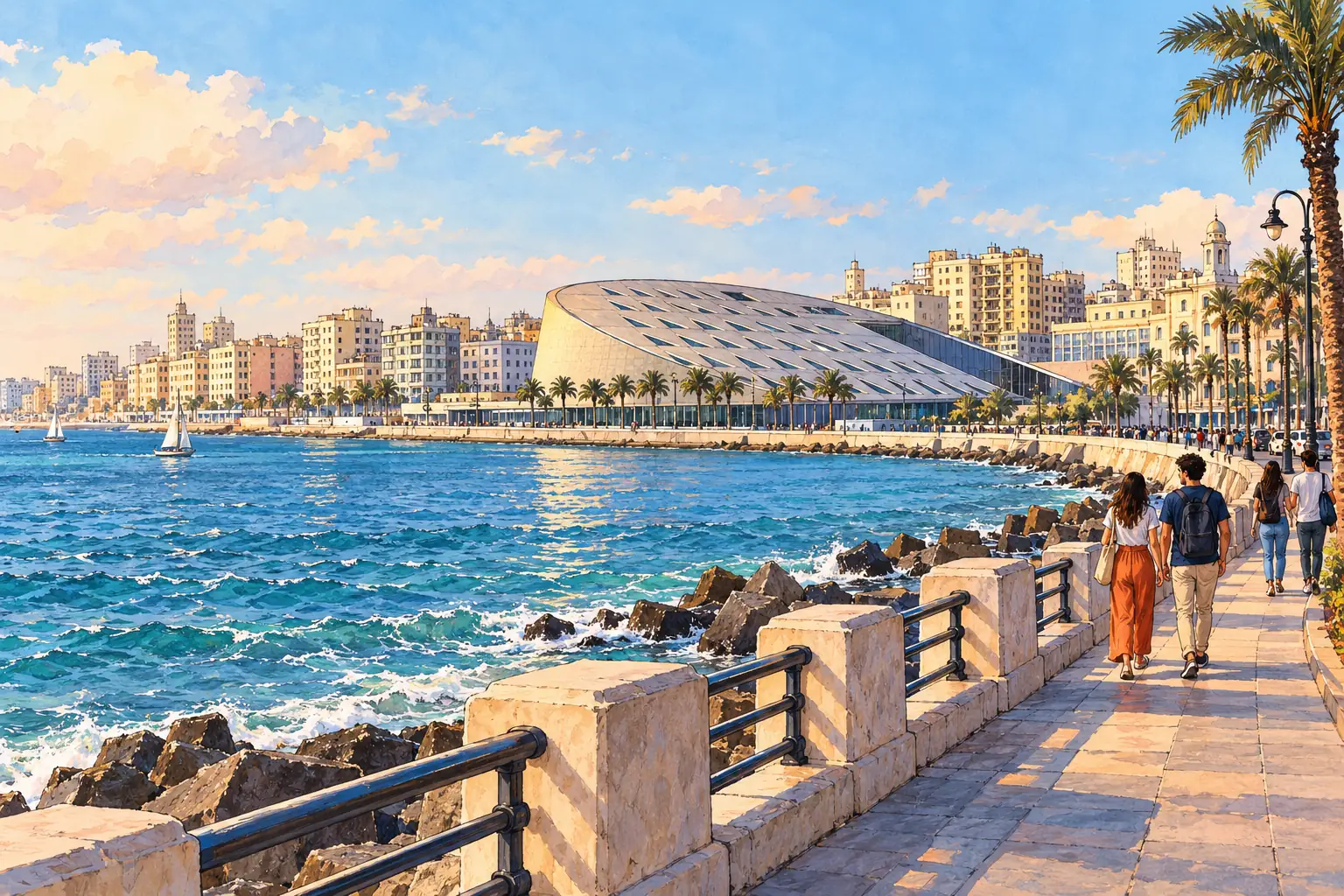 A hand-drawn view of the Bibliotheca Alexandrina beside the Mediterranean Corniche.