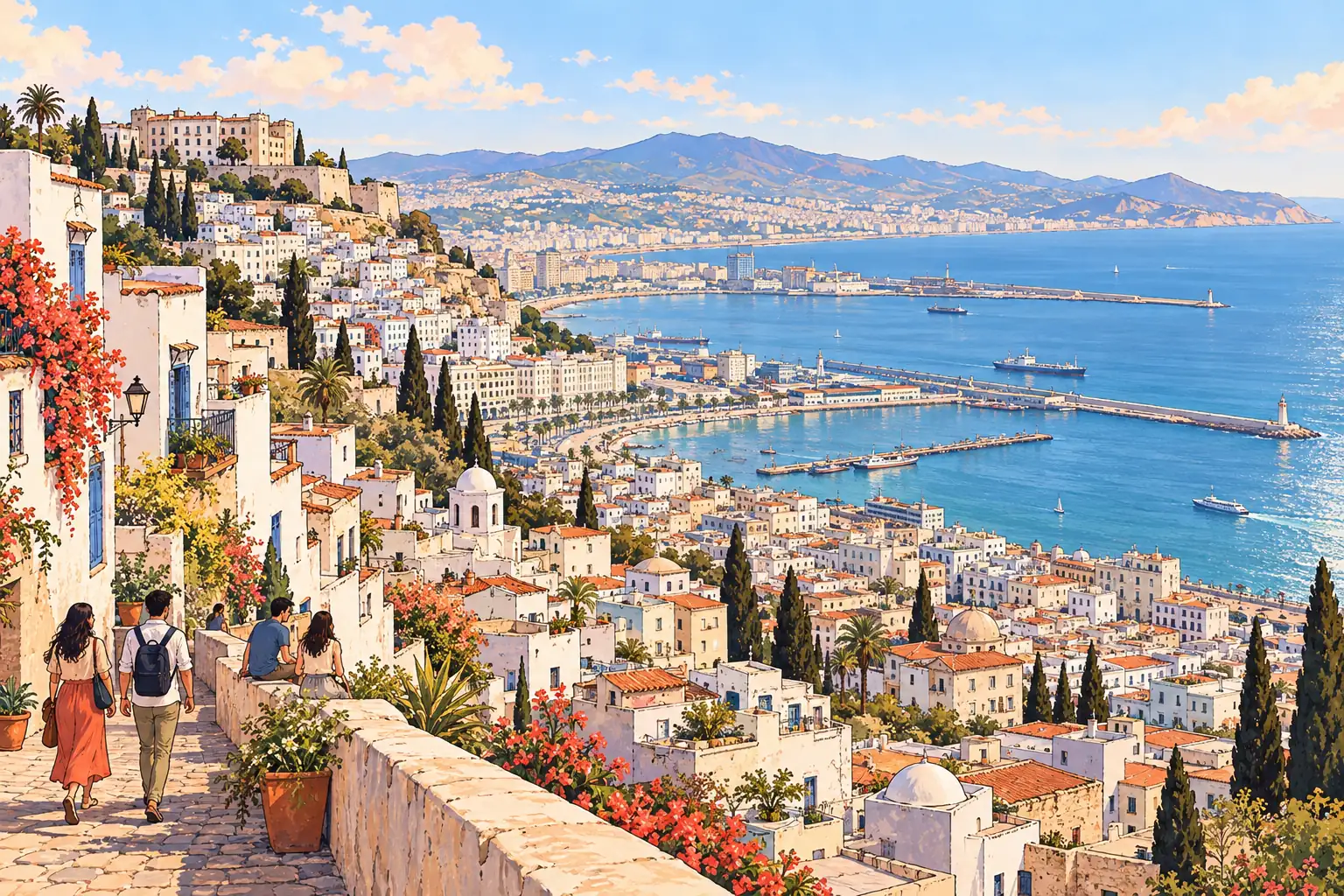 A hand-drawn view of the hillside Casbah descending toward Algiers’ Mediterranean bay.