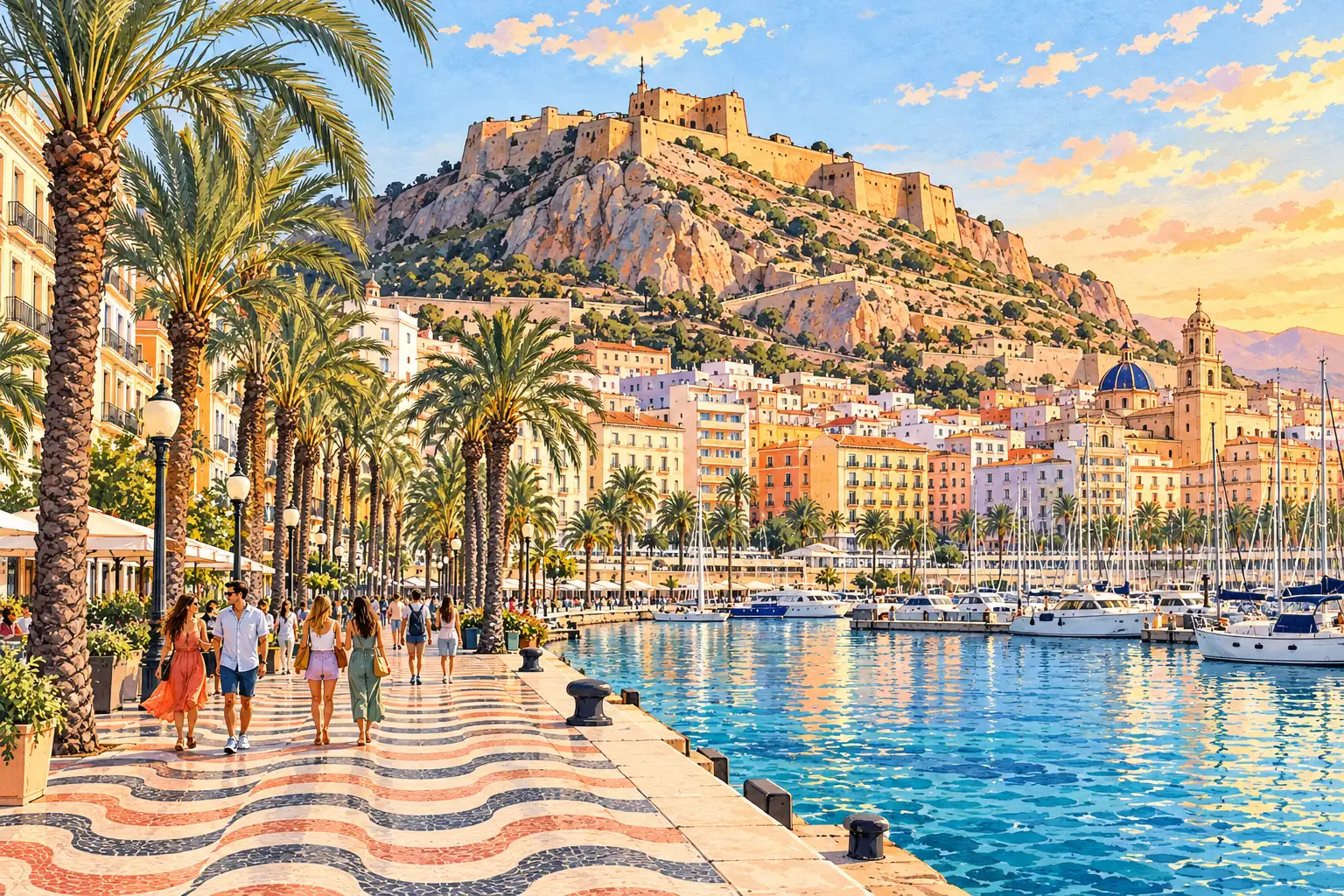A hand-drawn view of Alicante, with Santa Bárbara Castle above the palm-lined Explanada promenade and Mediterranean harbor.