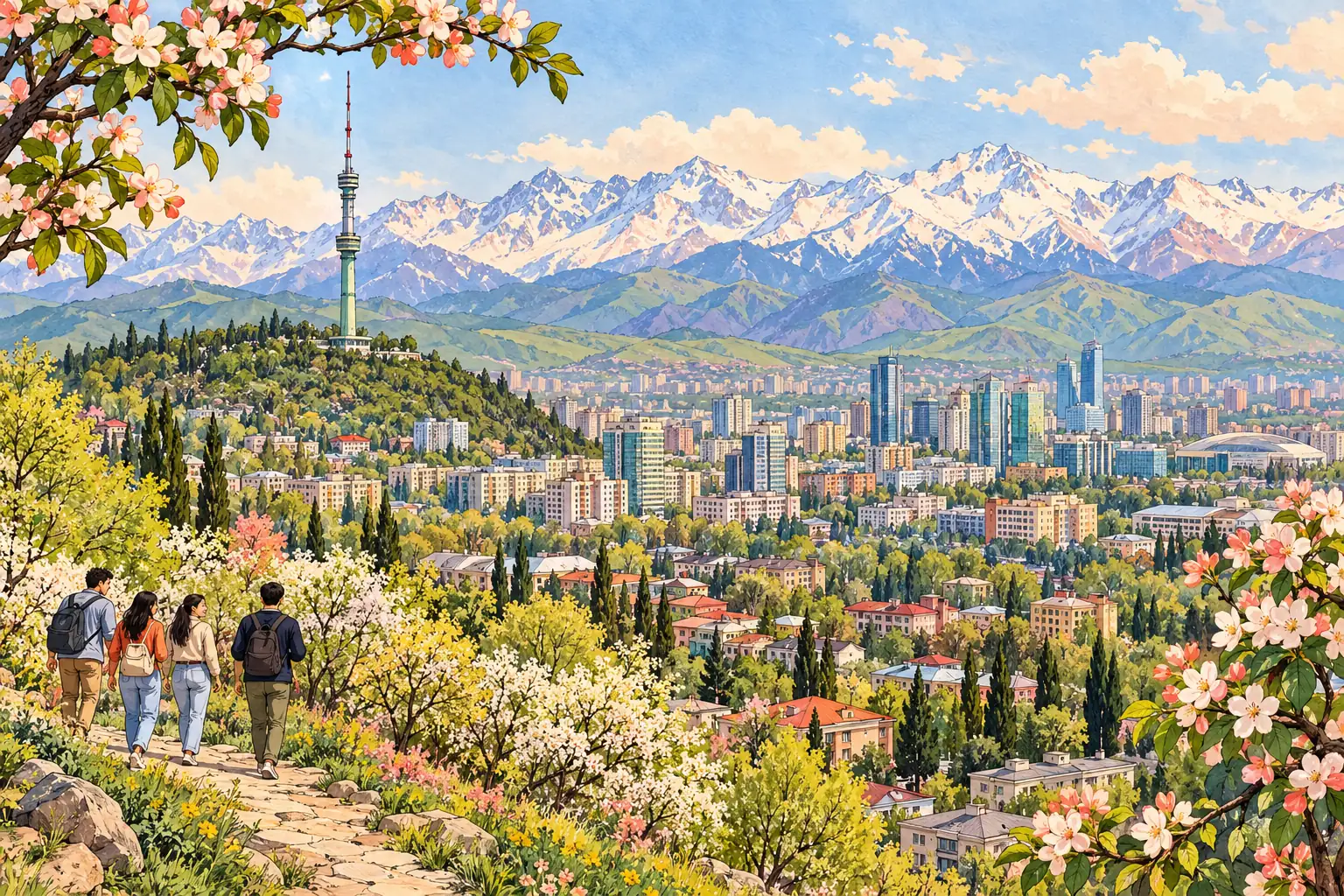 A hand-drawn Almaty view with Kok-Tobe tower, flowering apple trees and the snowy Alatau.