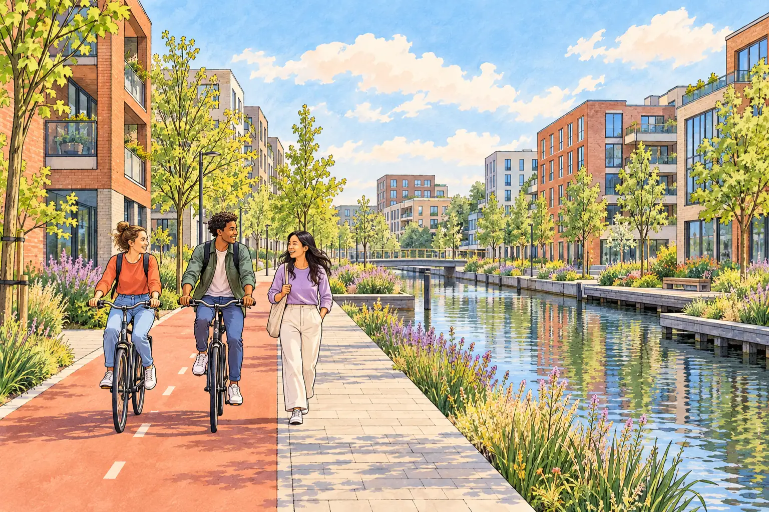 A hand-drawn view of Almere Stad, with local streets, greenery and young adults together.