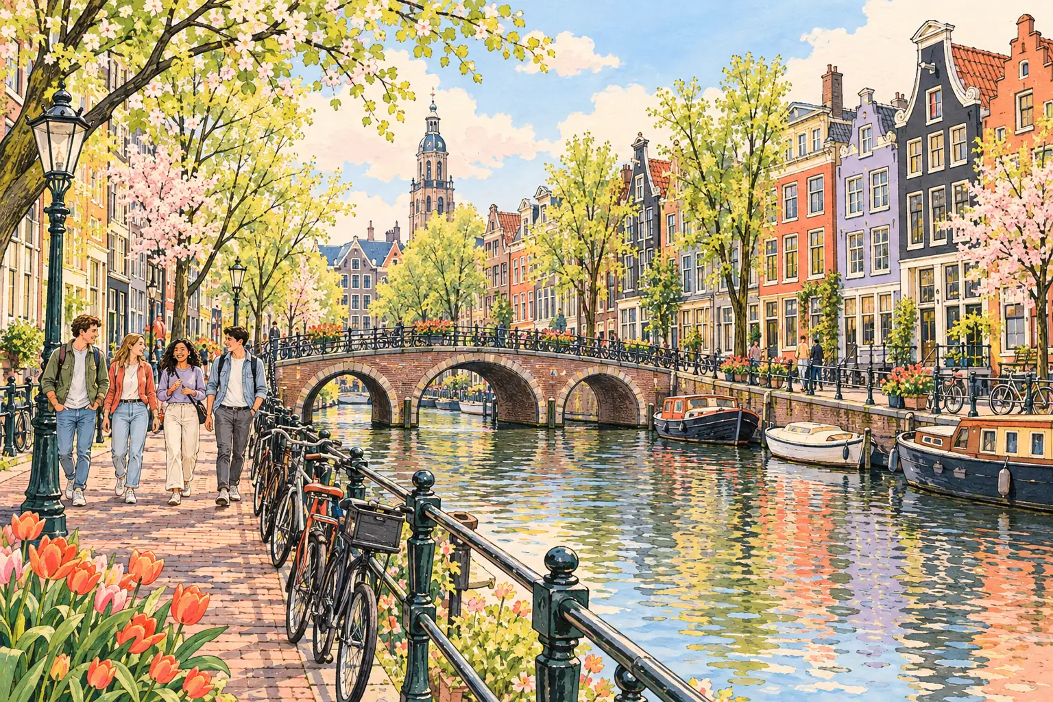 A hand-drawn Amsterdam canal scene with narrow gabled houses, a stone bridge and bicycles.