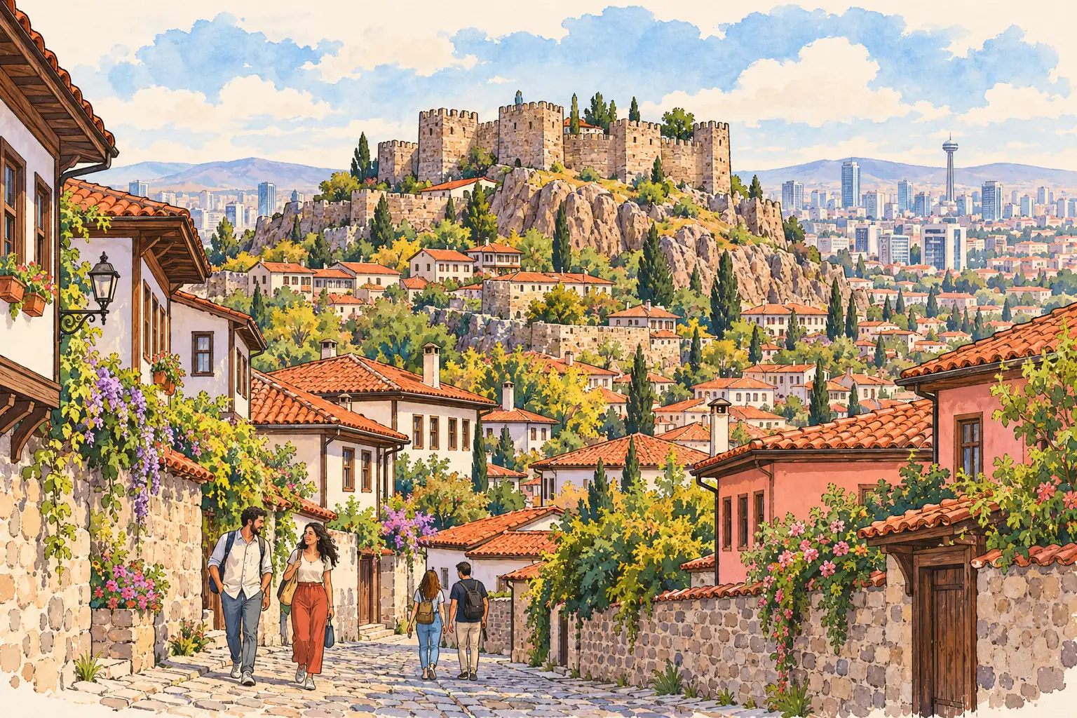 Young adults walk below Ankara Castle, with historic houses and the modern city beyond.