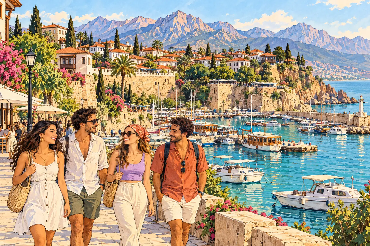 A hand-drawn view of Antalya’s old harbor, Mediterranean waterfront and Taurus Mountains, with young adults walking together.