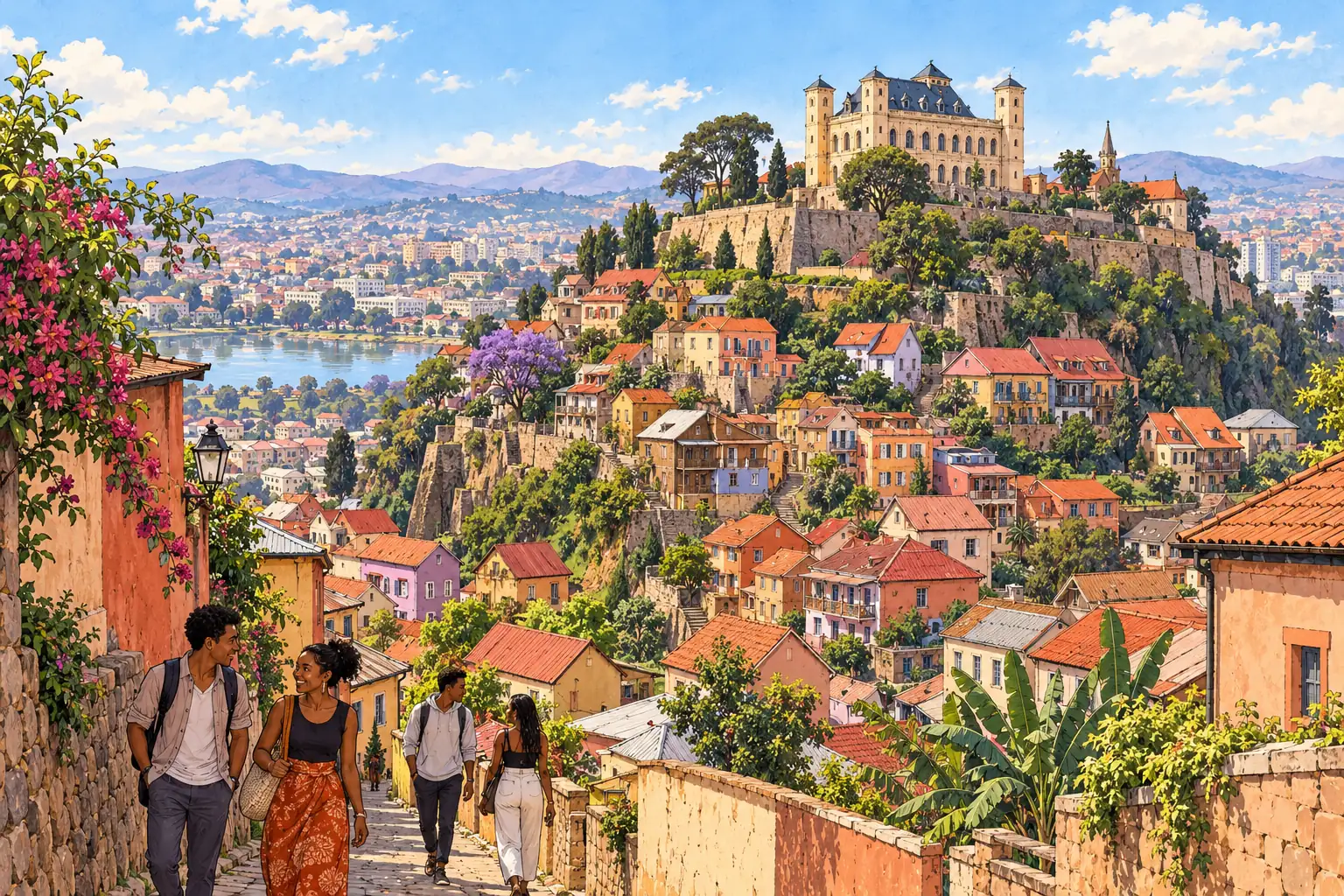 Young adults walk along a hillside lane among Antananarivo’s red-roofed highland neighborhoods.