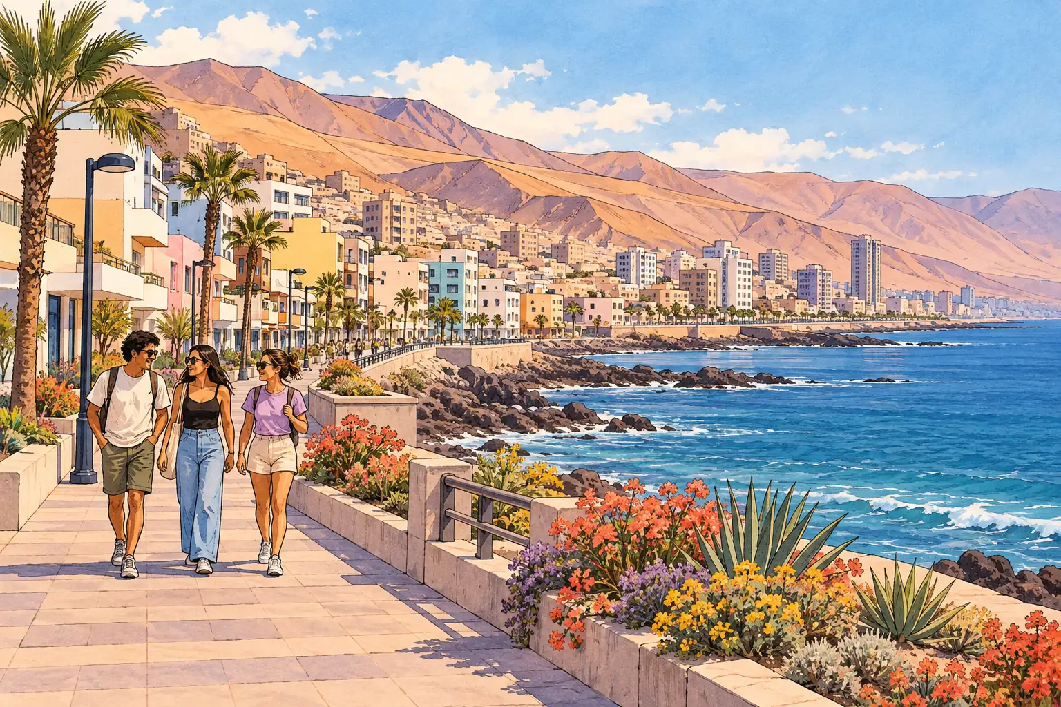 A hand-drawn Antofagasta coastal promenade with desert hills, Pacific water, pale buildings and young adults walking together.