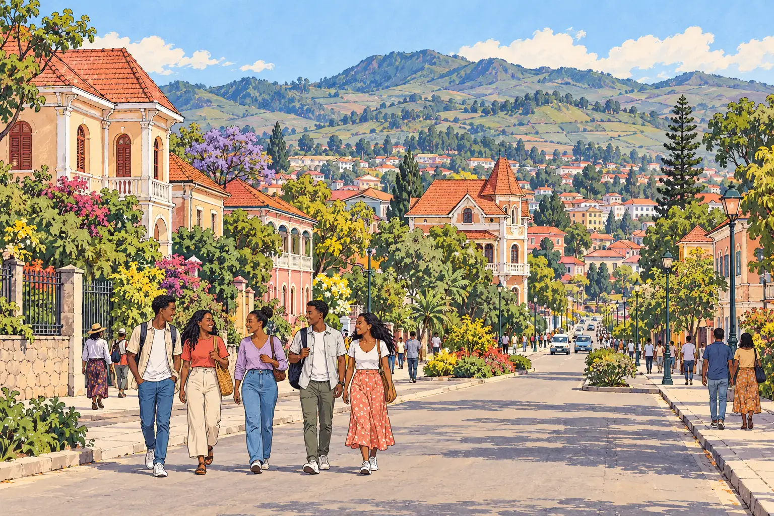 Young adults walk along Antsirabe’s leafy highland avenue among red-roofed homes and hills.