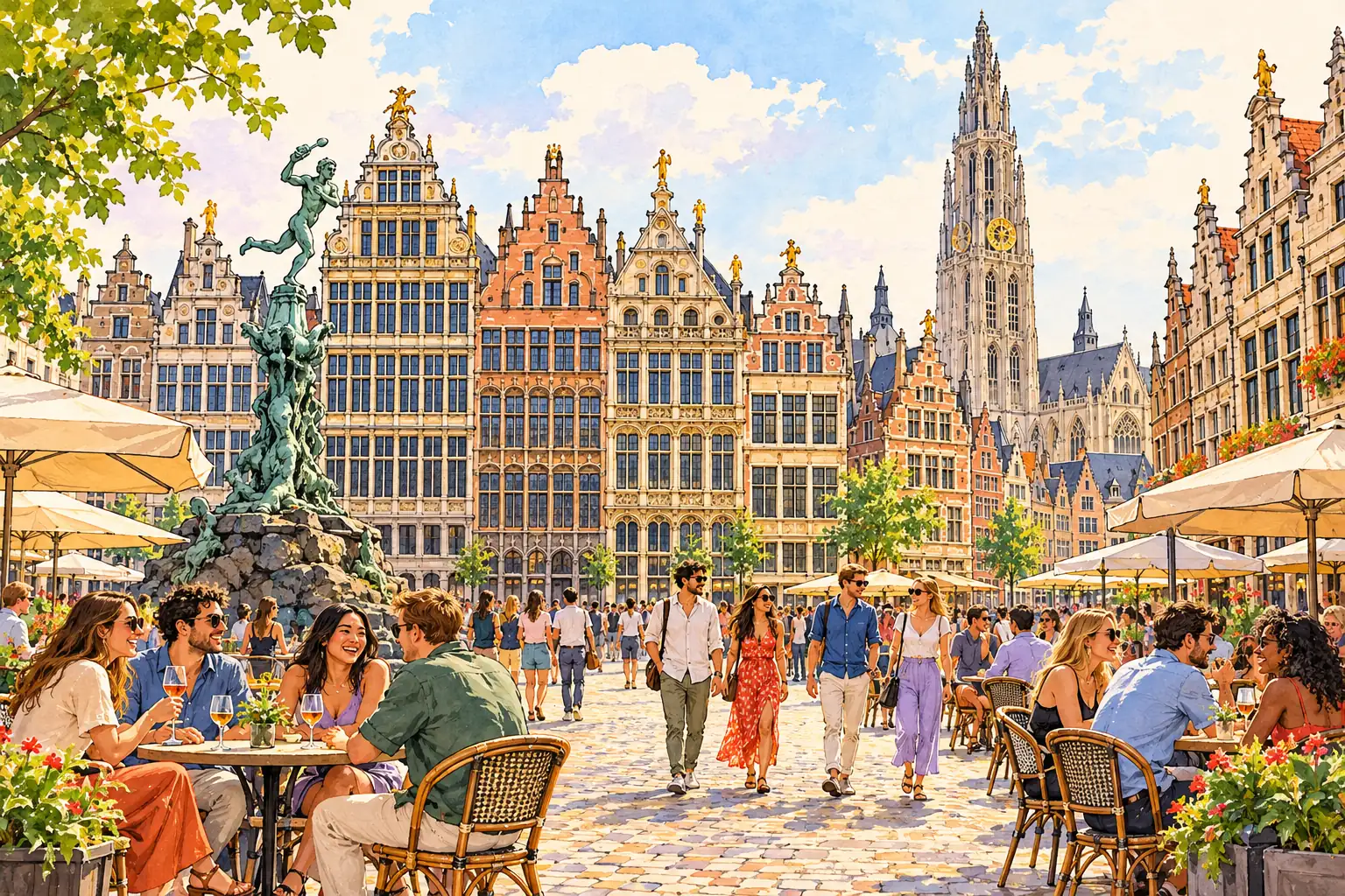 A hand-drawn view of Antwerp’s Grote Markt, stepped-gable guild houses and cathedral spire, with young adults in the square.