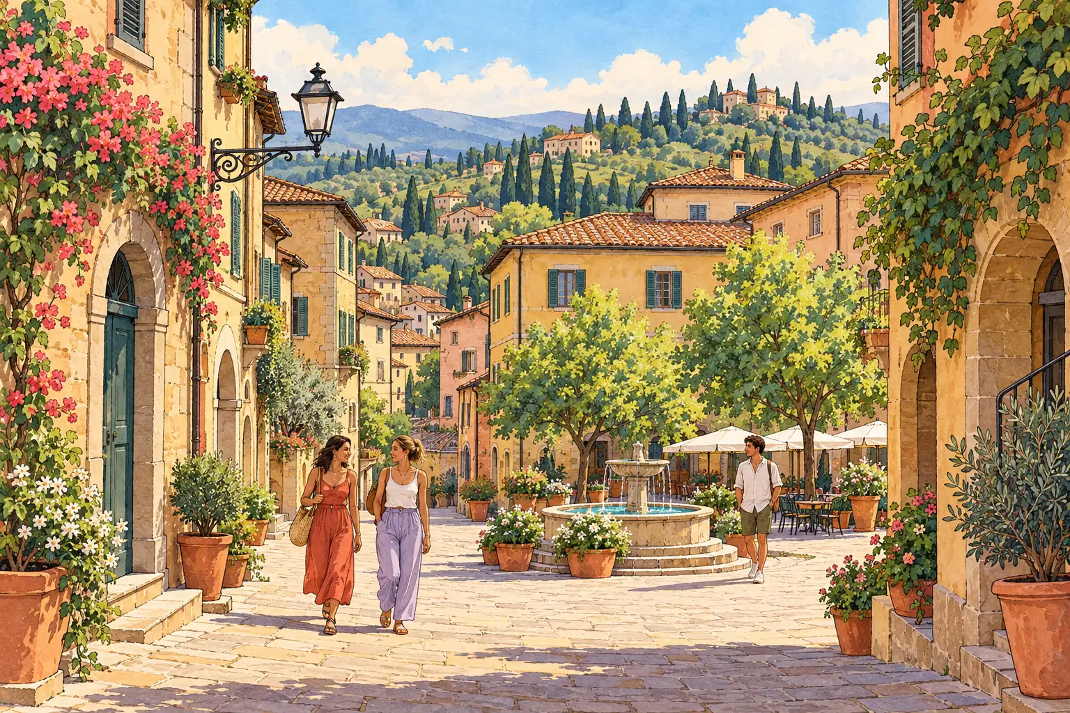 A hand-drawn view of Arezzo, with local streets, greenery and young adults together.