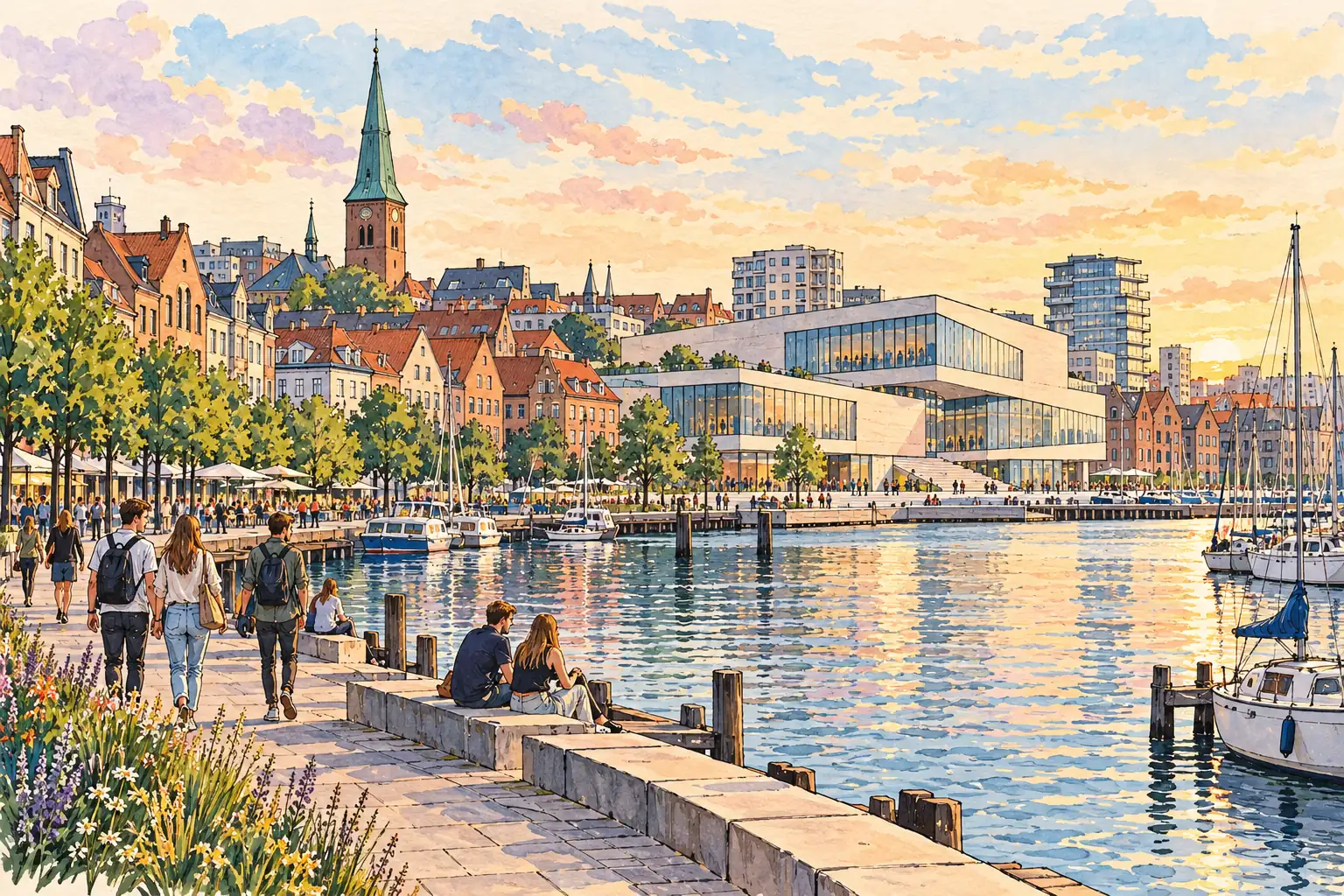 A hand-drawn generic view of Aarhus, with young adults walking by the harbor between a modern waterfront building and historic rooftops.