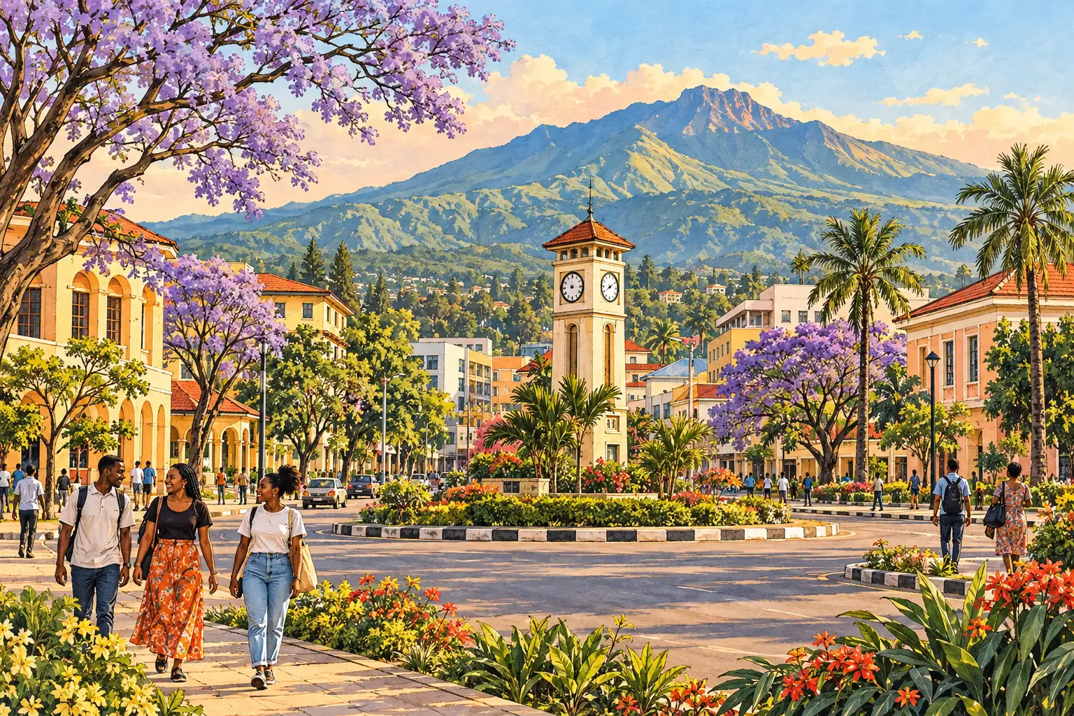 A hand-drawn generic view of Arusha, with young adults crossing a leafy city square beneath Mount Meru.