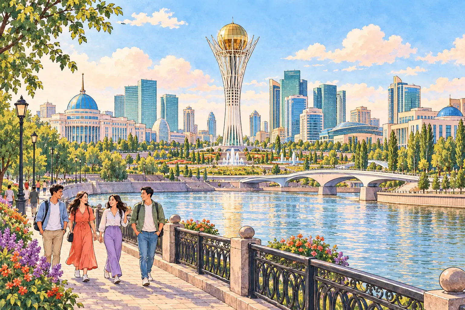 A hand-drawn view of Astana’s Baiterek Tower and modern skyline beside the Ishim River, with young adults walking nearby.
