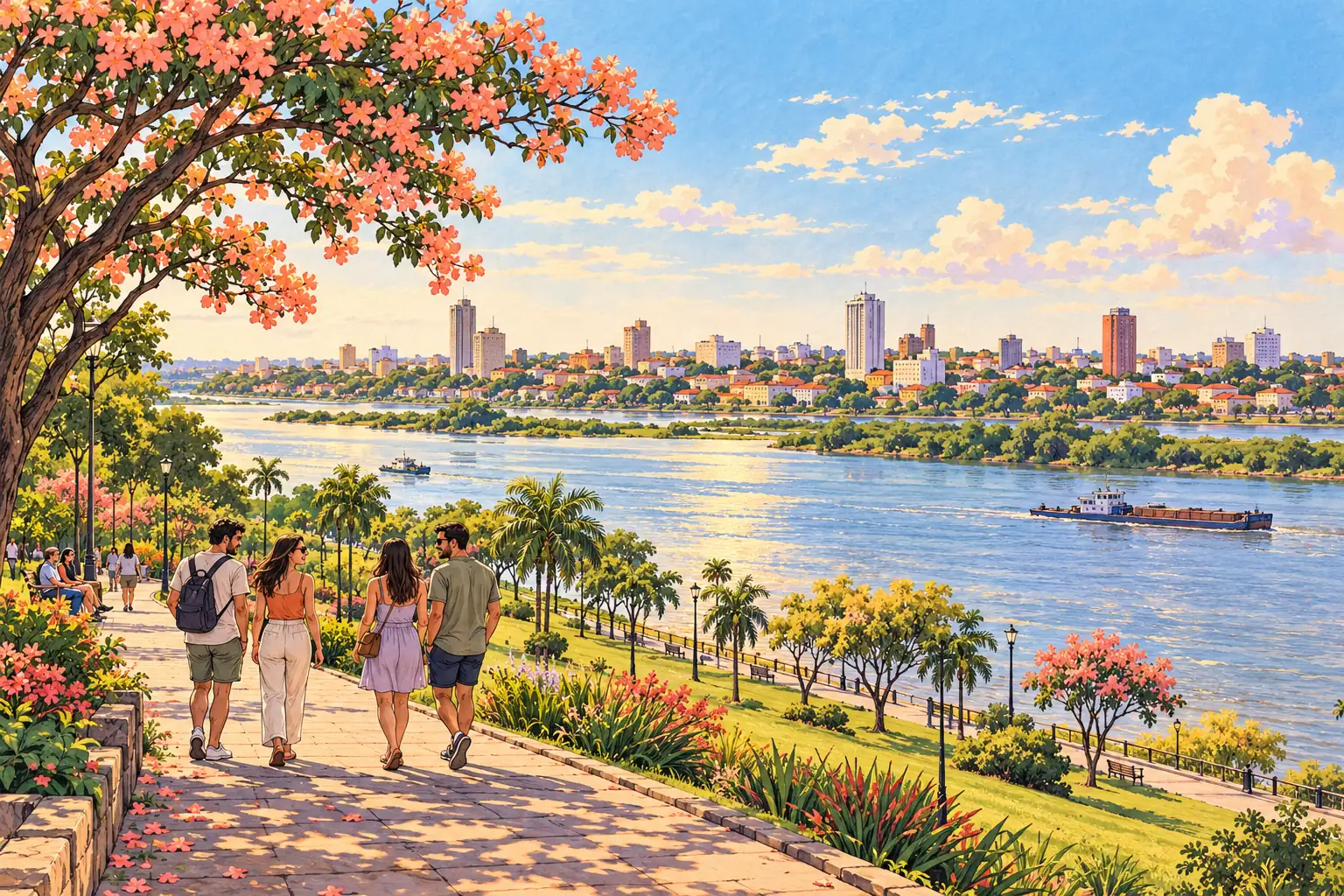 A hand-drawn view of Asunción by the Paraguay River, with young adults enjoying the subtropical riverfront.