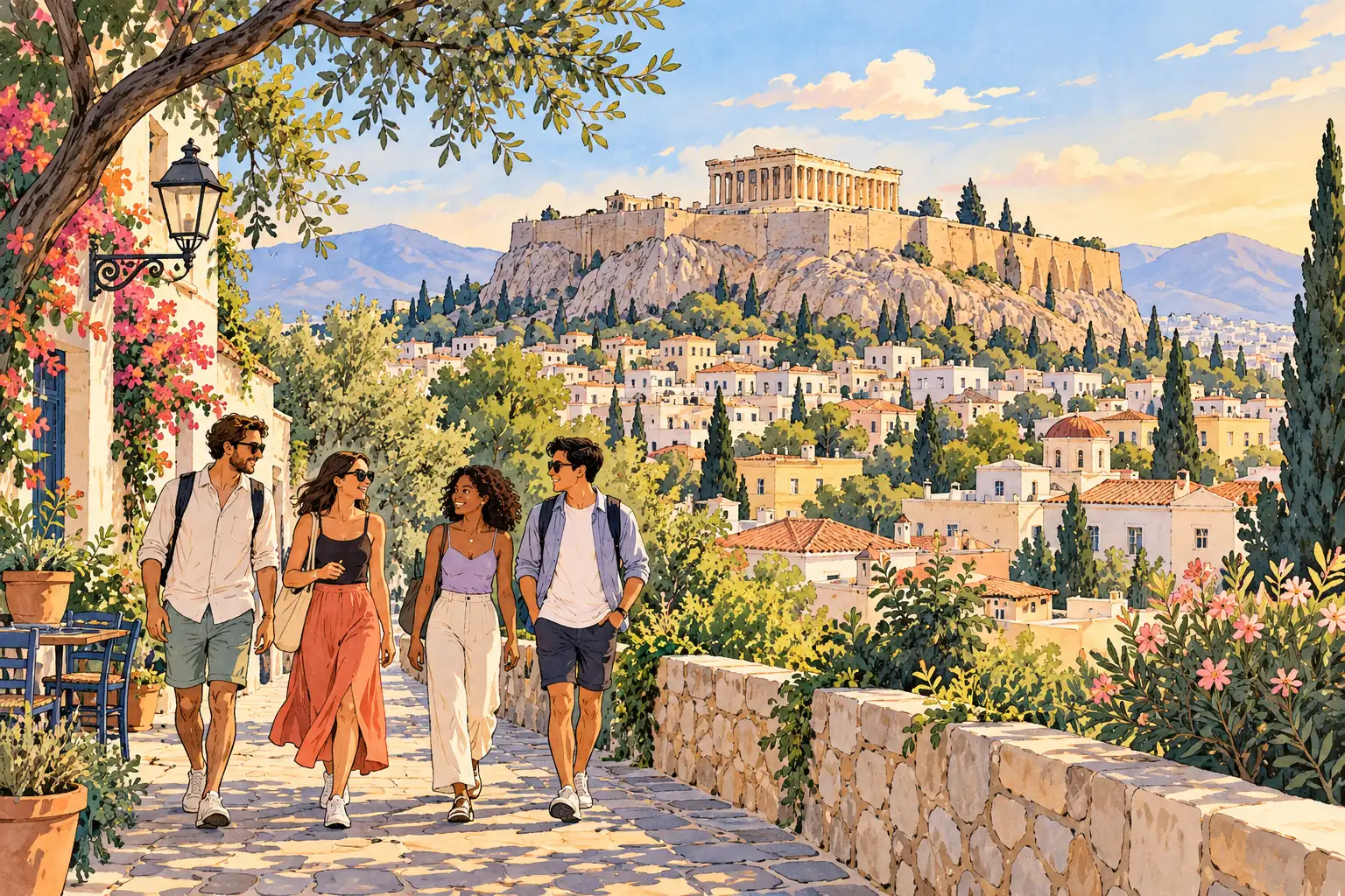 Young adults walk below Athens’ Acropolis hill and the Parthenon at golden hour.